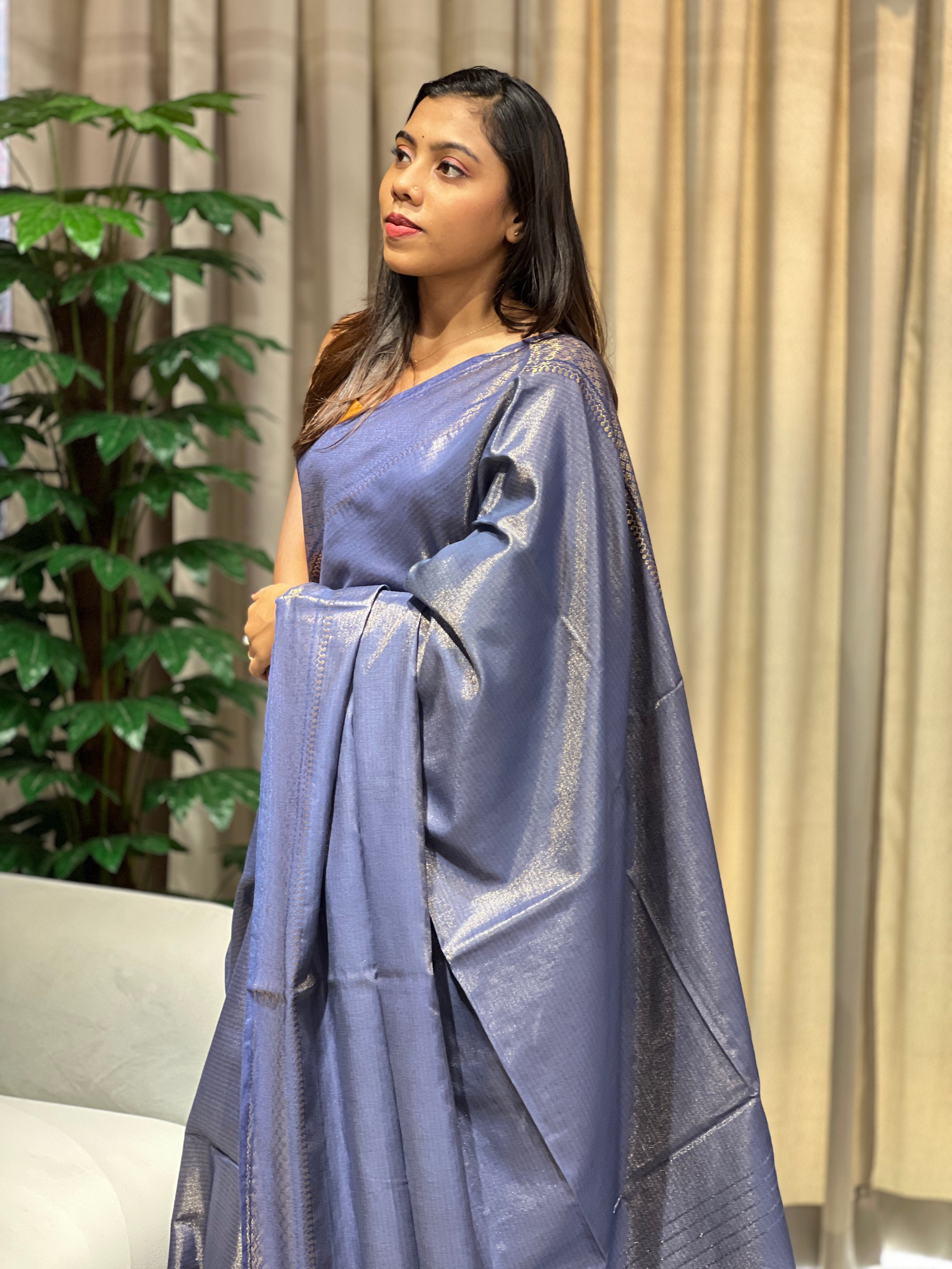 Zari Woven Stripe Patterned Tissue Semi Silk Saree | PF1097