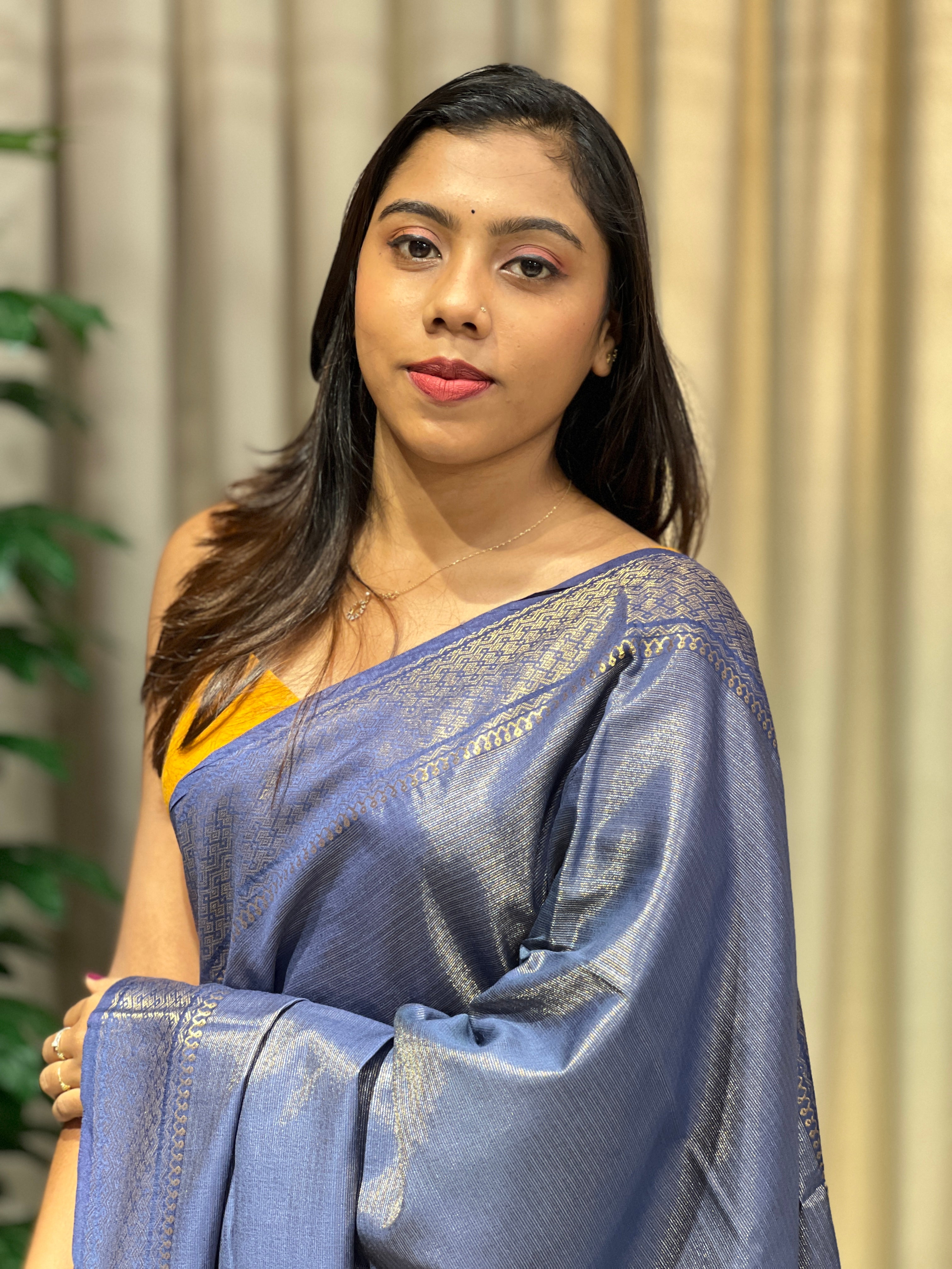 Zari Woven Stripe Patterned Tissue Semi Silk Saree | PF1097