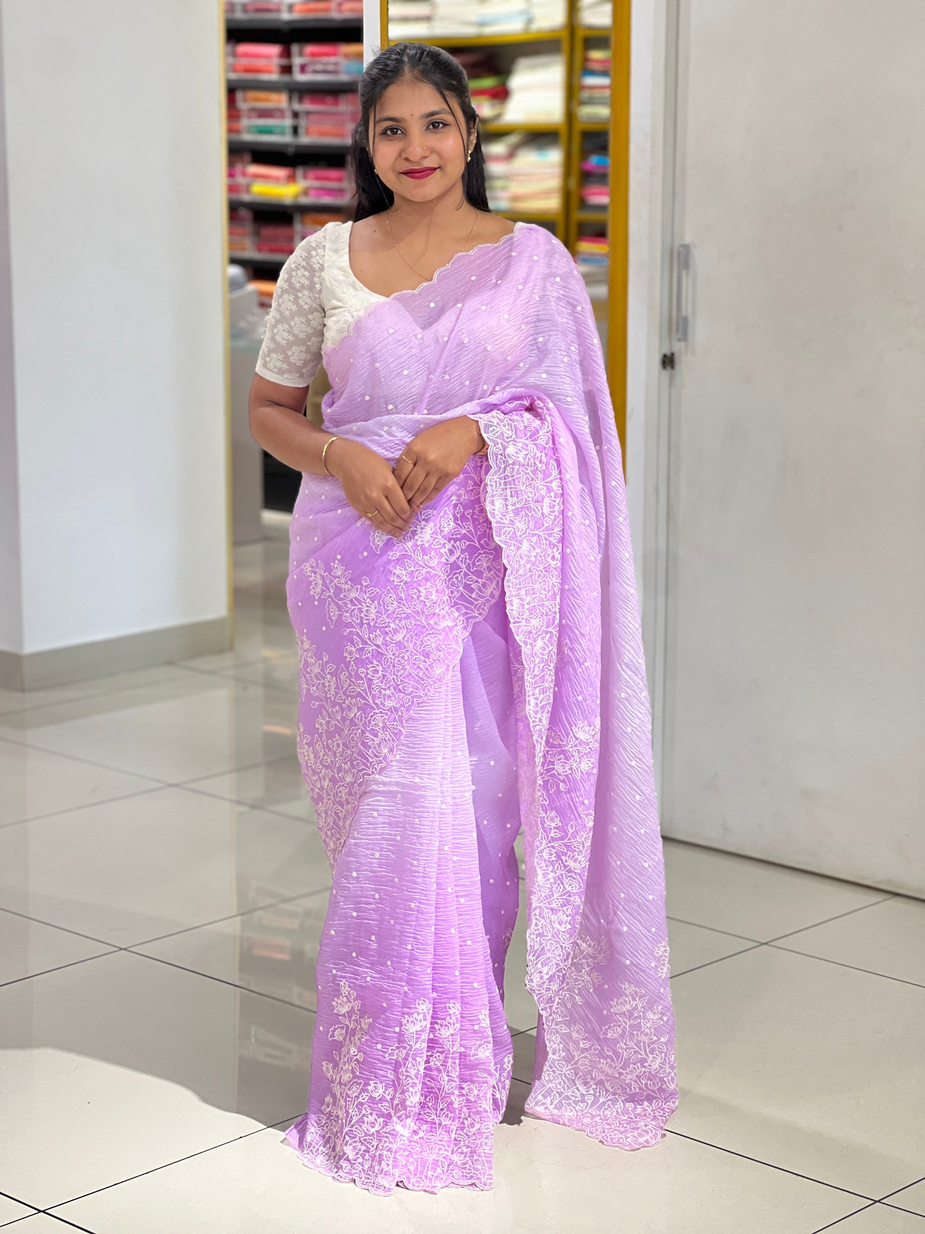 Floral Embroidery Detailed Crushed Organza Saree | BLD1664