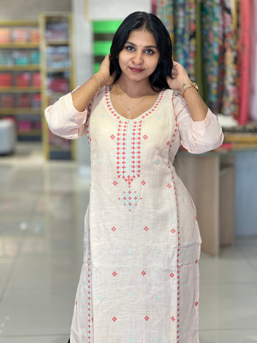 Cross Stitch Embroidery detailed Cotton-Linen Kurta | DNT342