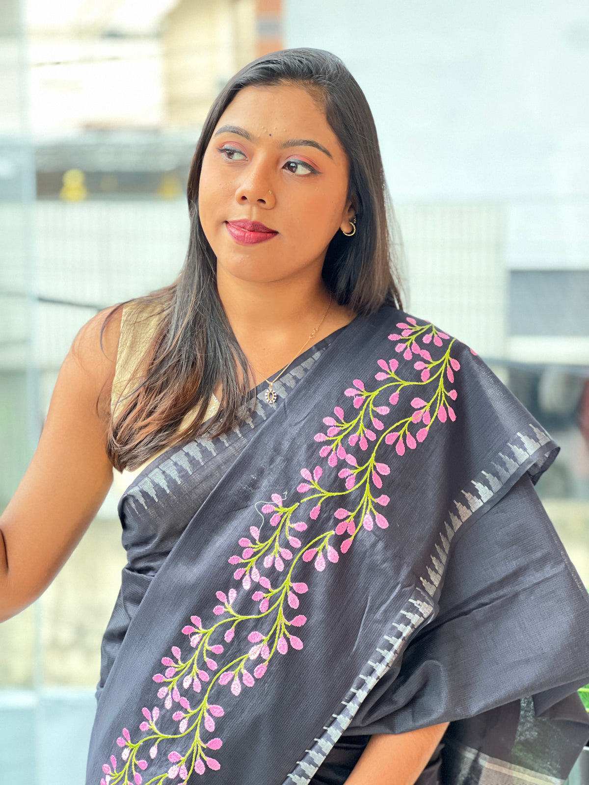 Machine Embroidered Bhagalpuri Linen Saree | NHH724