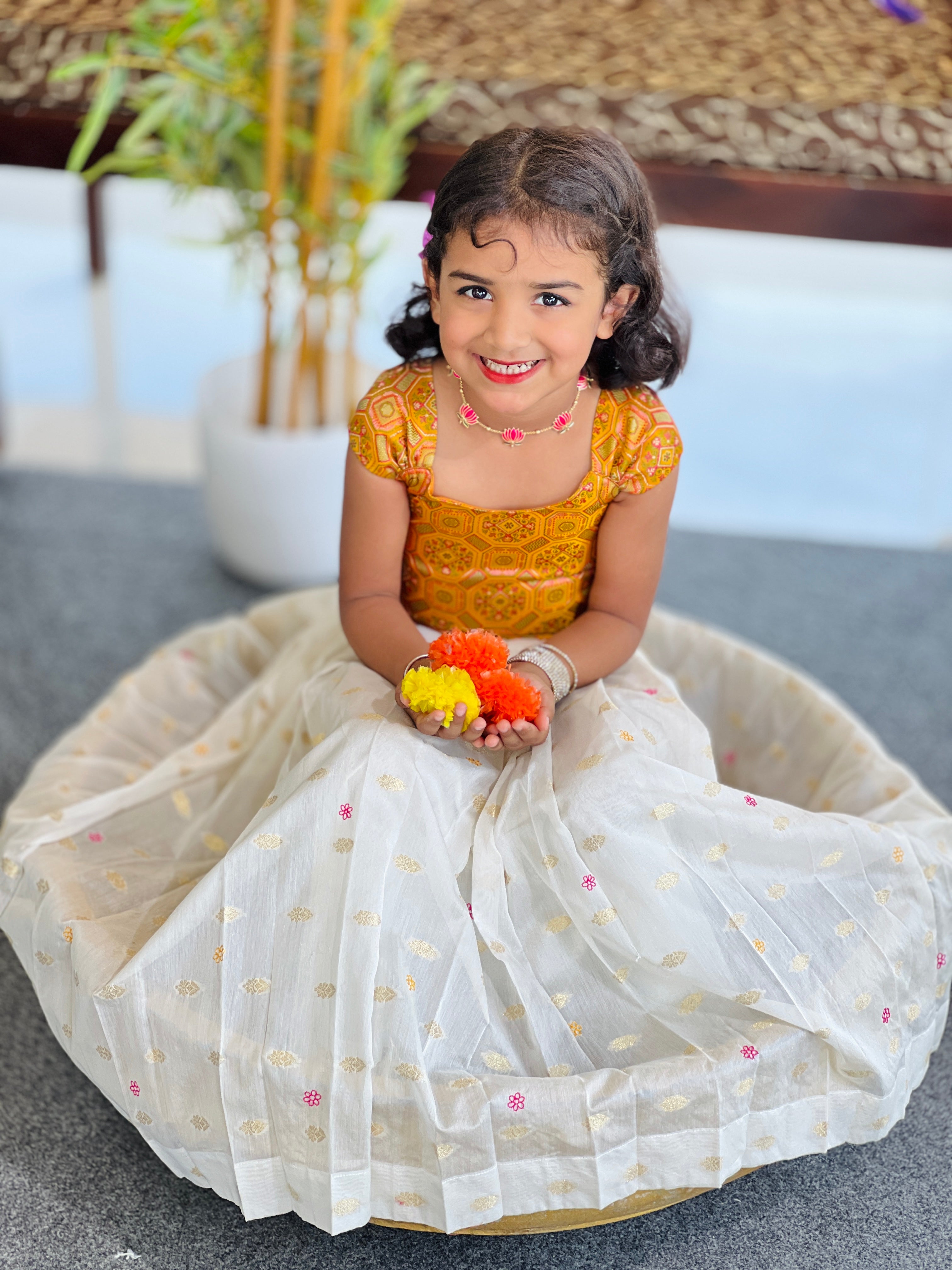 Brocade Patterned Handloom Banarasi Katan Unstitched Top & Skirt | ONK102