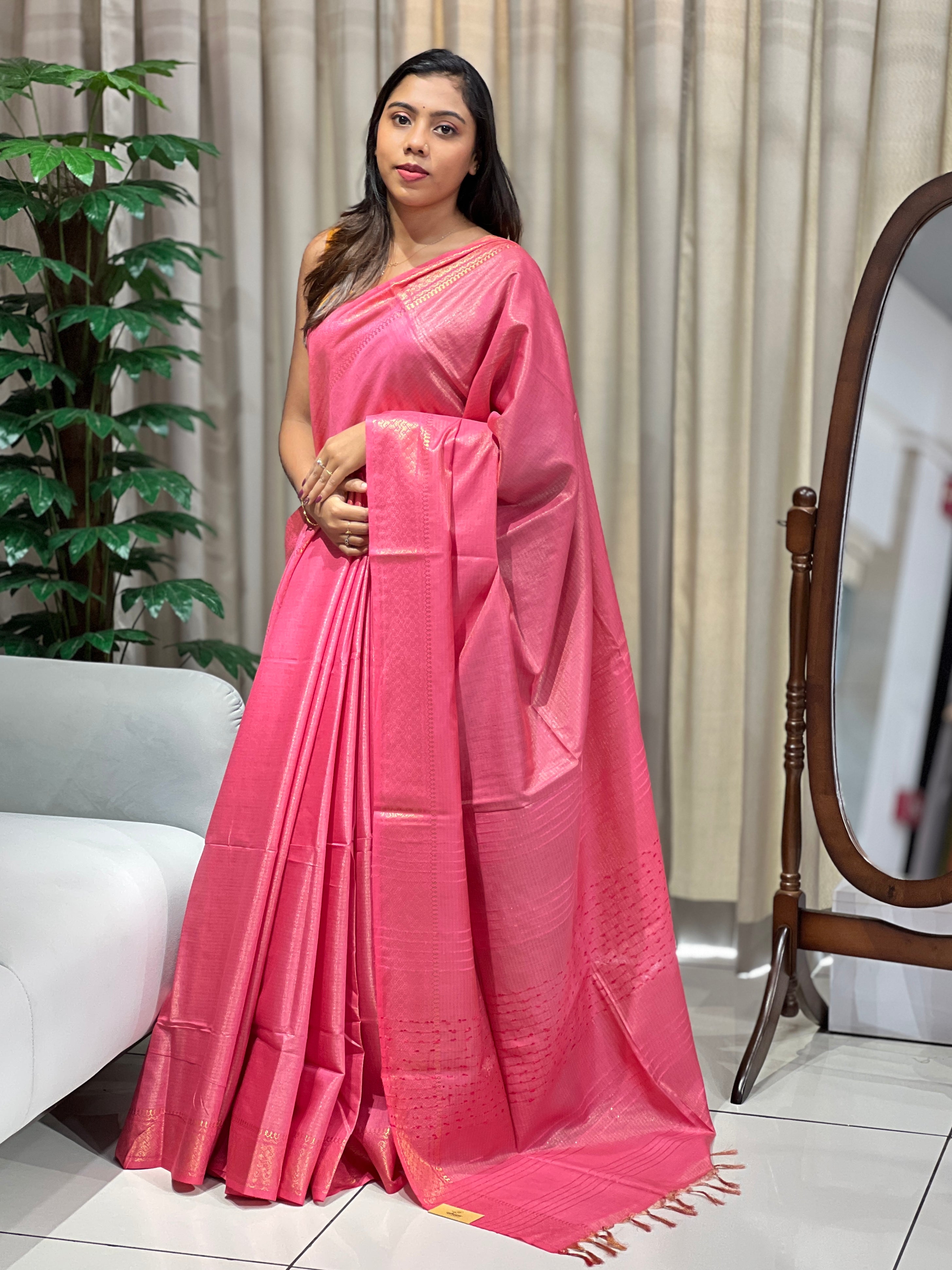 Zari Woven Stripe Patterned Tissue Semi Silk Saree | PF1095