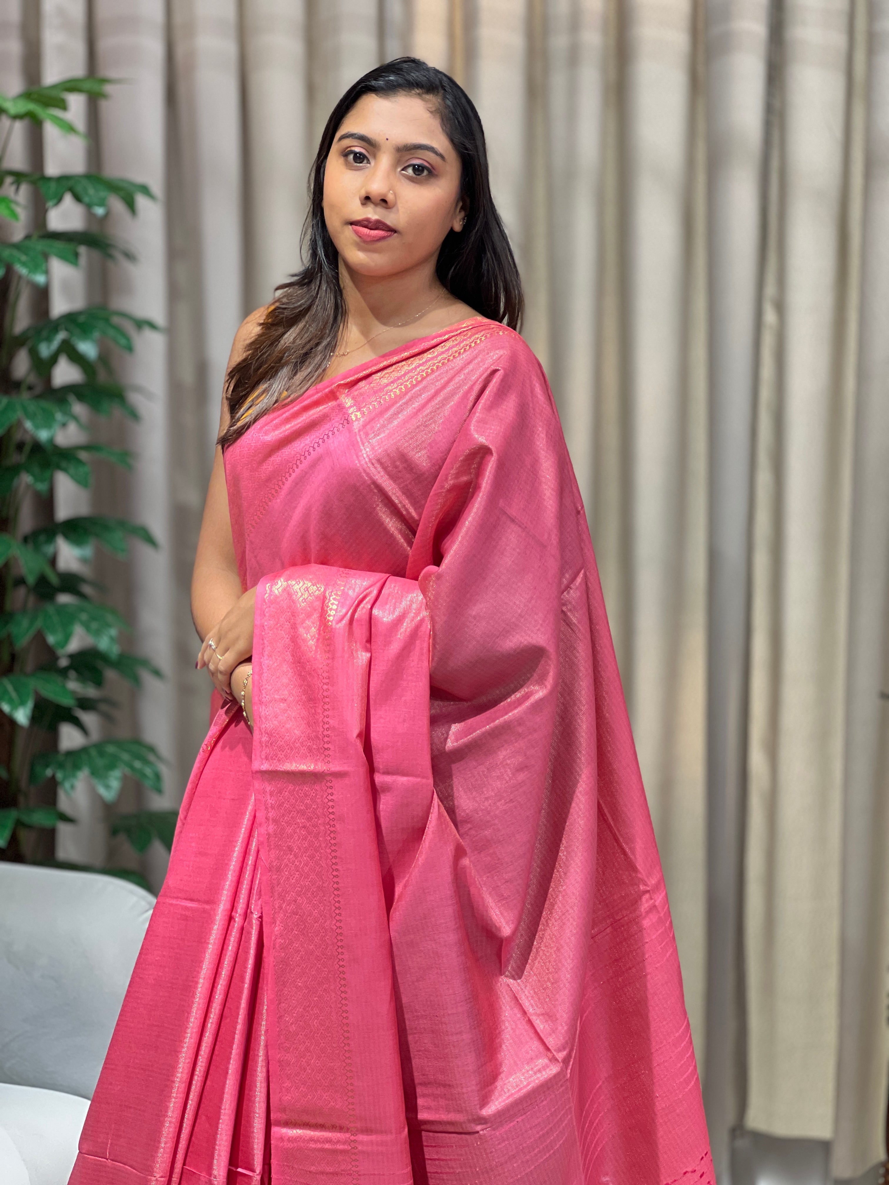 Zari Woven Stripe Patterned Tissue Semi Silk Saree | PF1095