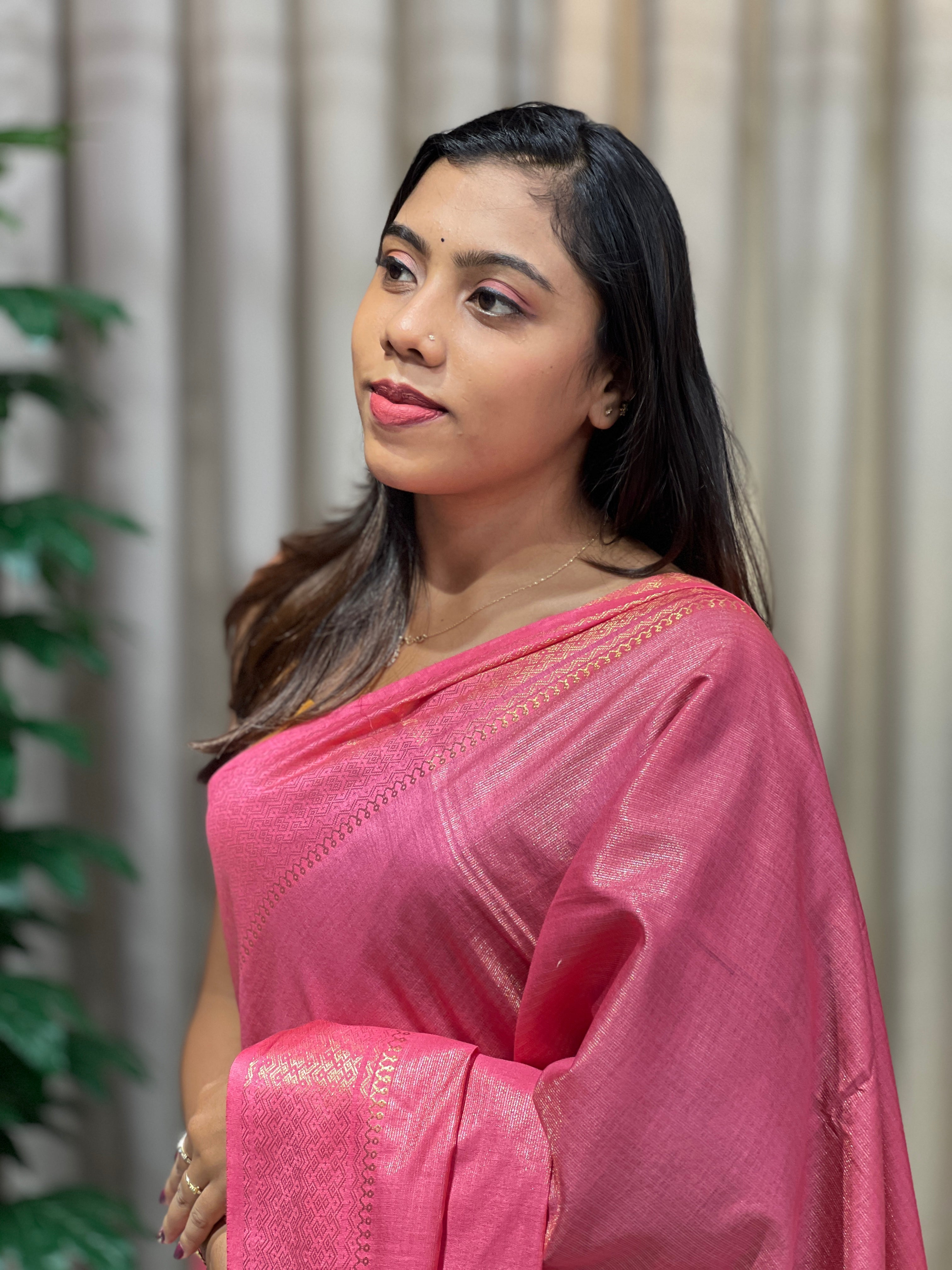 Zari Woven Stripe Patterned Tissue Semi Silk Saree | PF1095