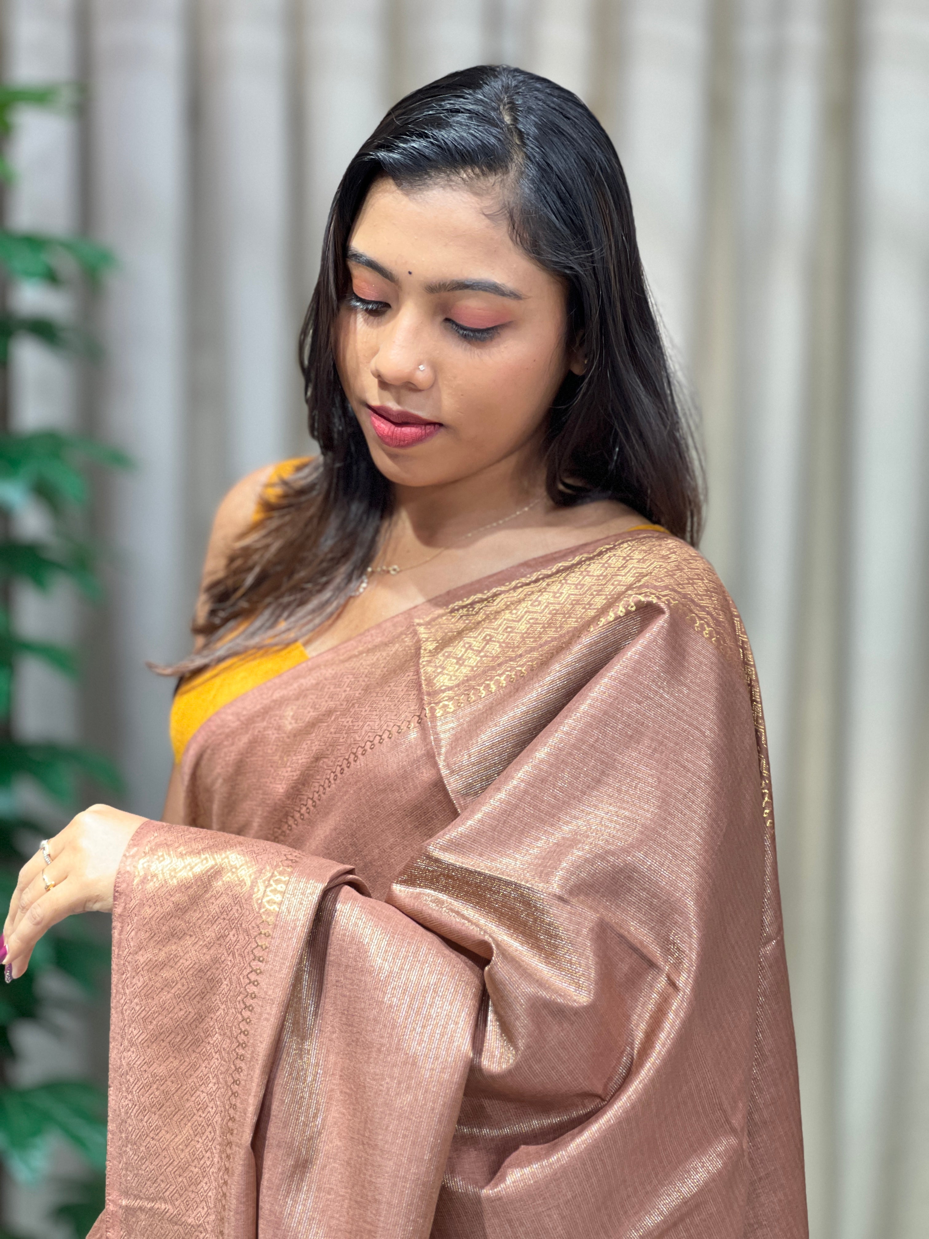 Zari Woven Stripe Patterned Tissue Semi Silk Saree | PF1093