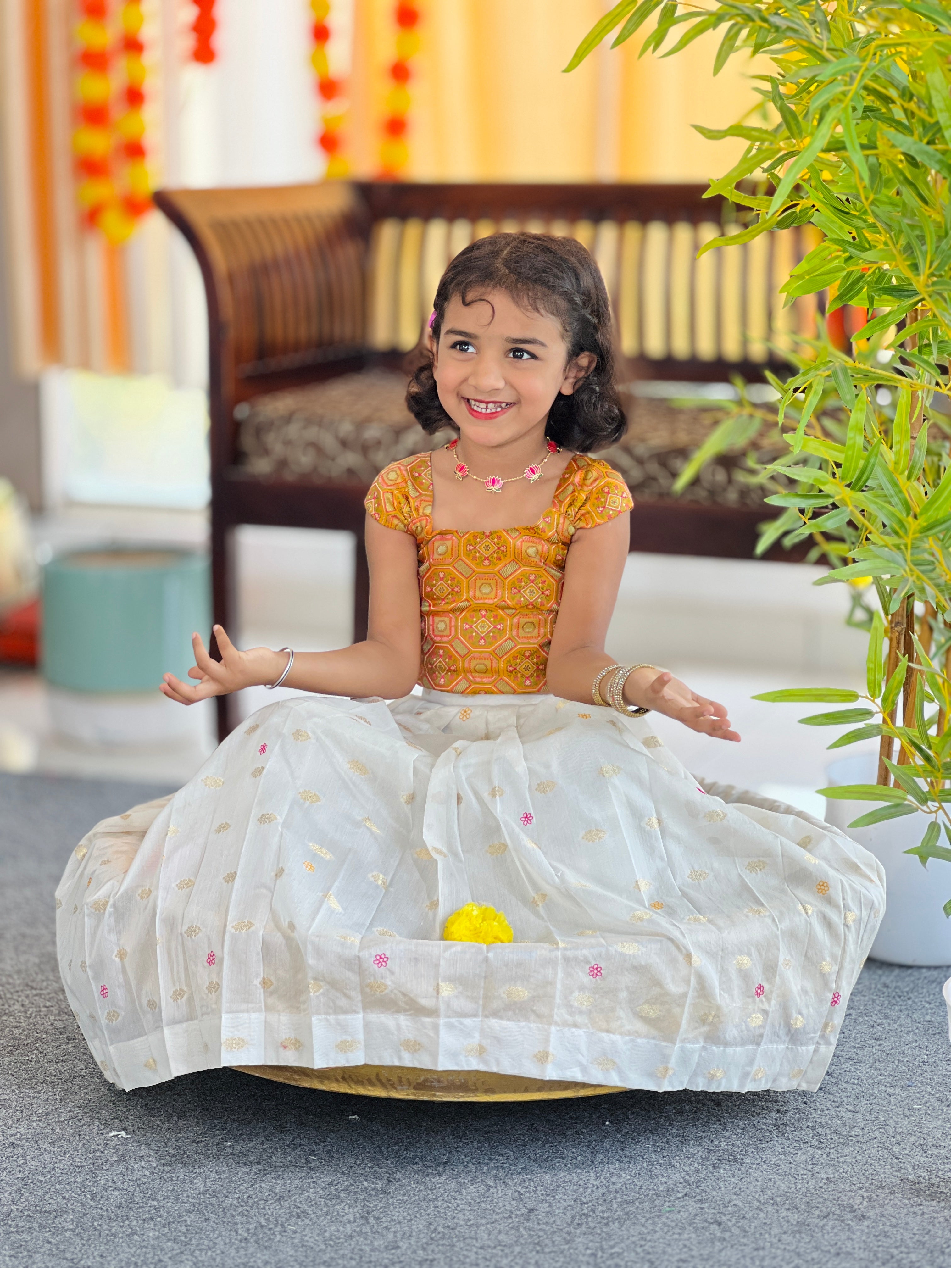 Brocade Patterned Handloom Banarasi Katan Unstitched Top & Skirt | ONK102