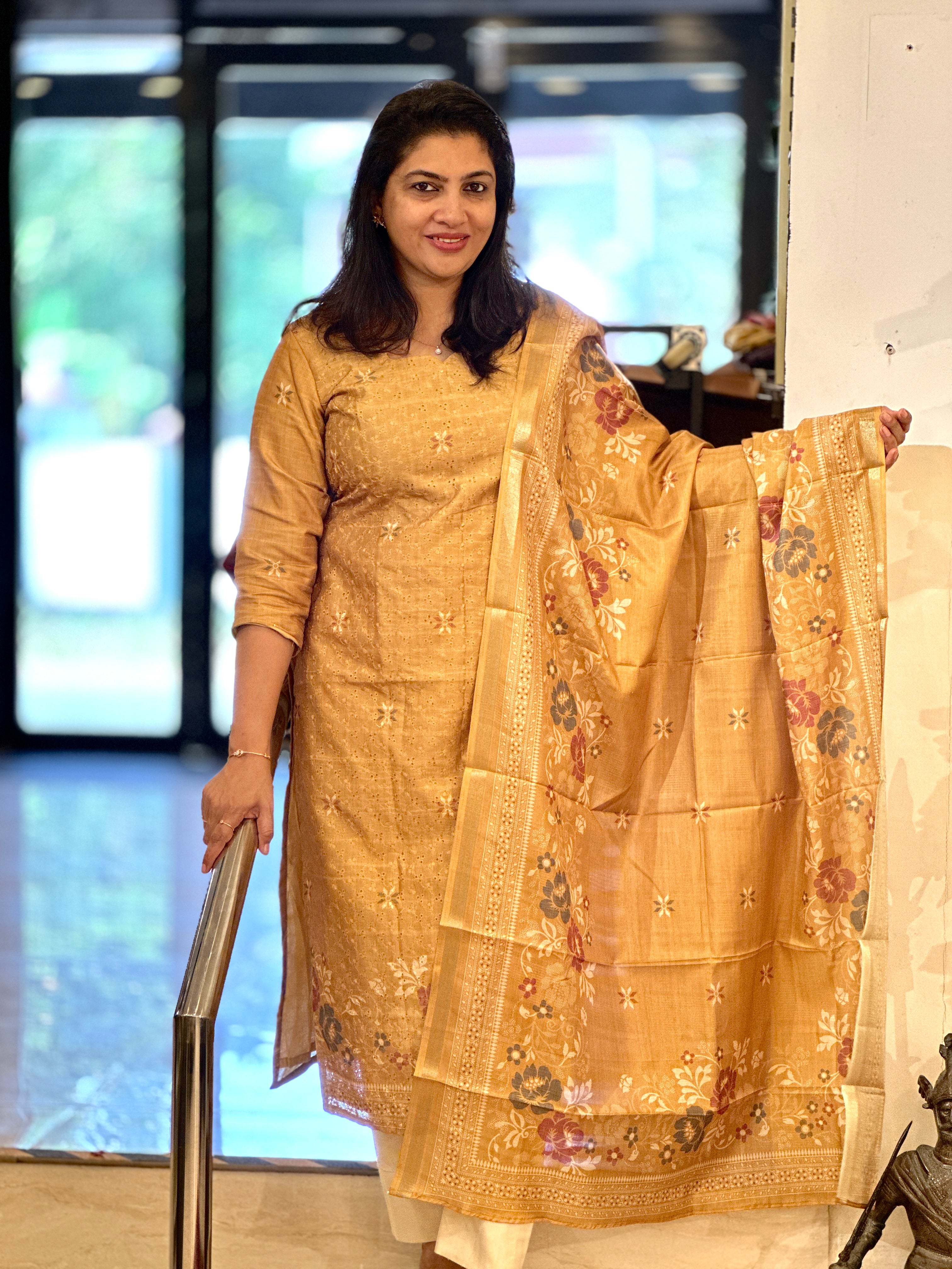 Hakoba & Floral Digital Printed Semi Tussar Salwar Set (Without Bottom) | SSN417