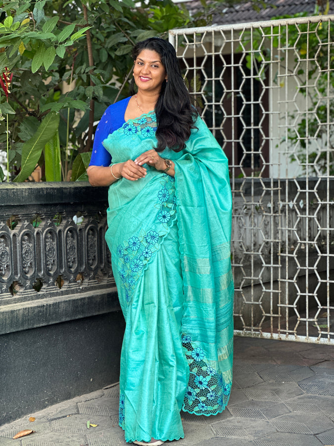 Floral Twine Cutwork Detailed Tussar Silk Saree | TC367