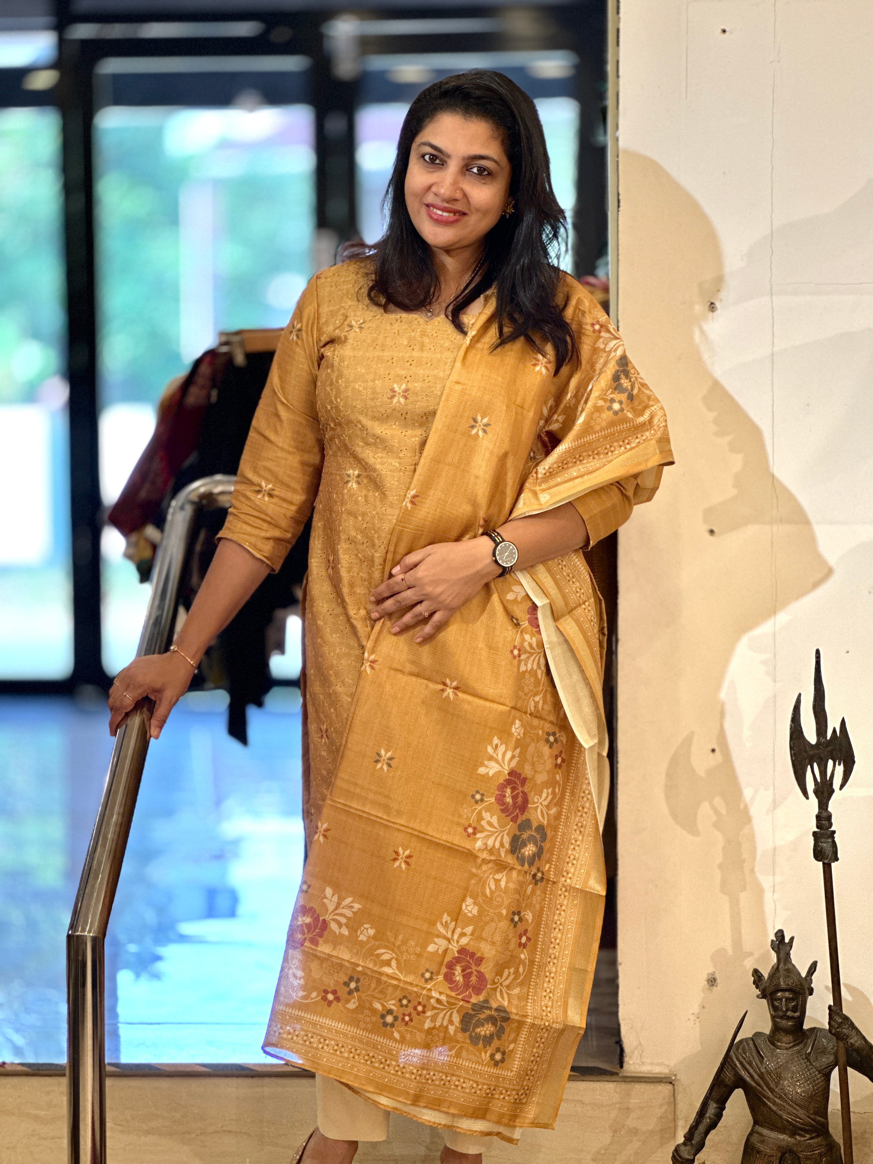 Hakoba & Floral Digital Printed Semi Tussar Salwar Set (Without Bottom) | SSN417