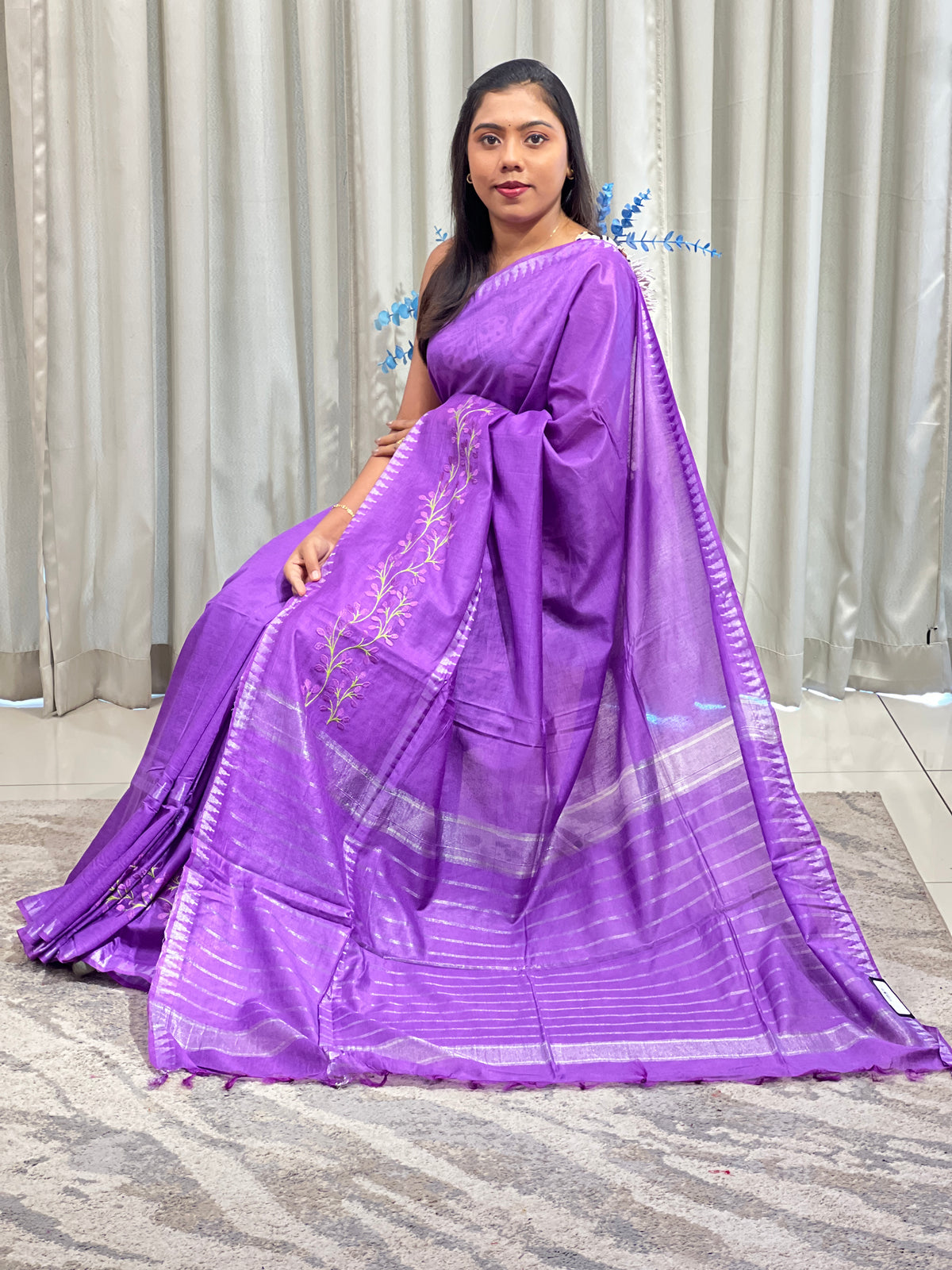Machine Embroidered Bhagalpuri Linen Saree | NHH726