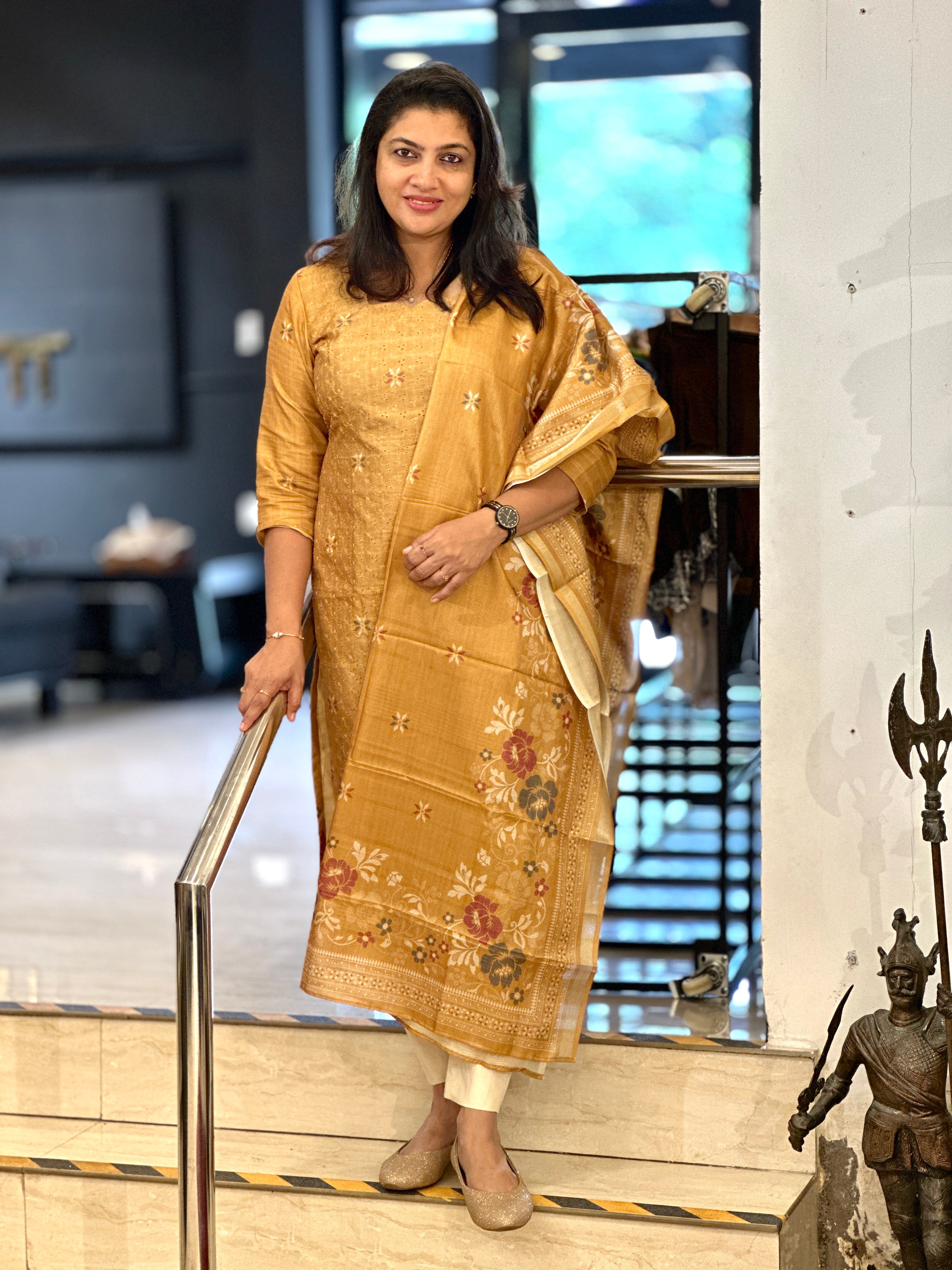 Hakoba & Floral Digital Printed Semi Tussar Salwar Set (Without Bottom) | SSN417