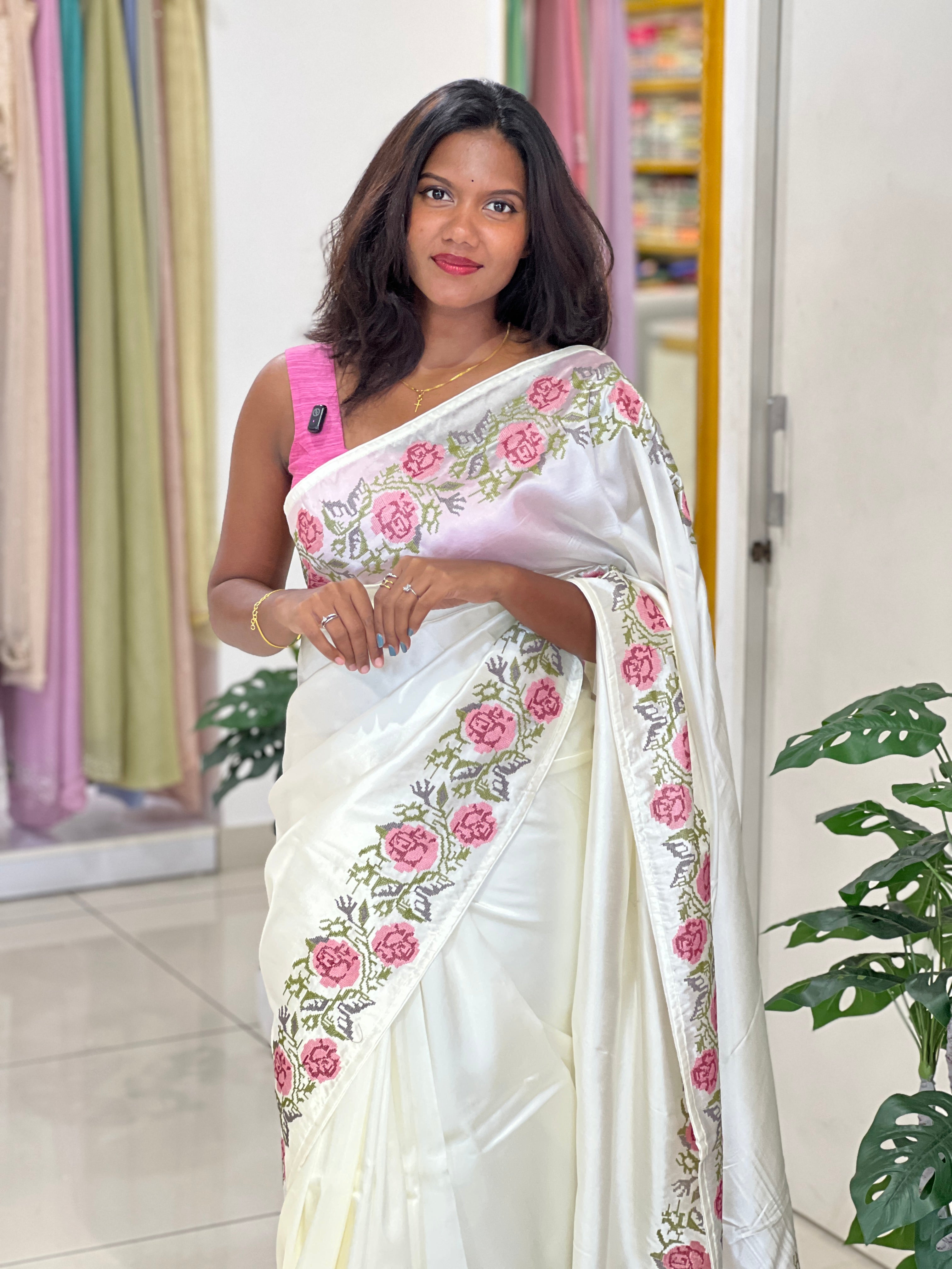Embroidery Stitched Semi Tussar Saree |SUN781