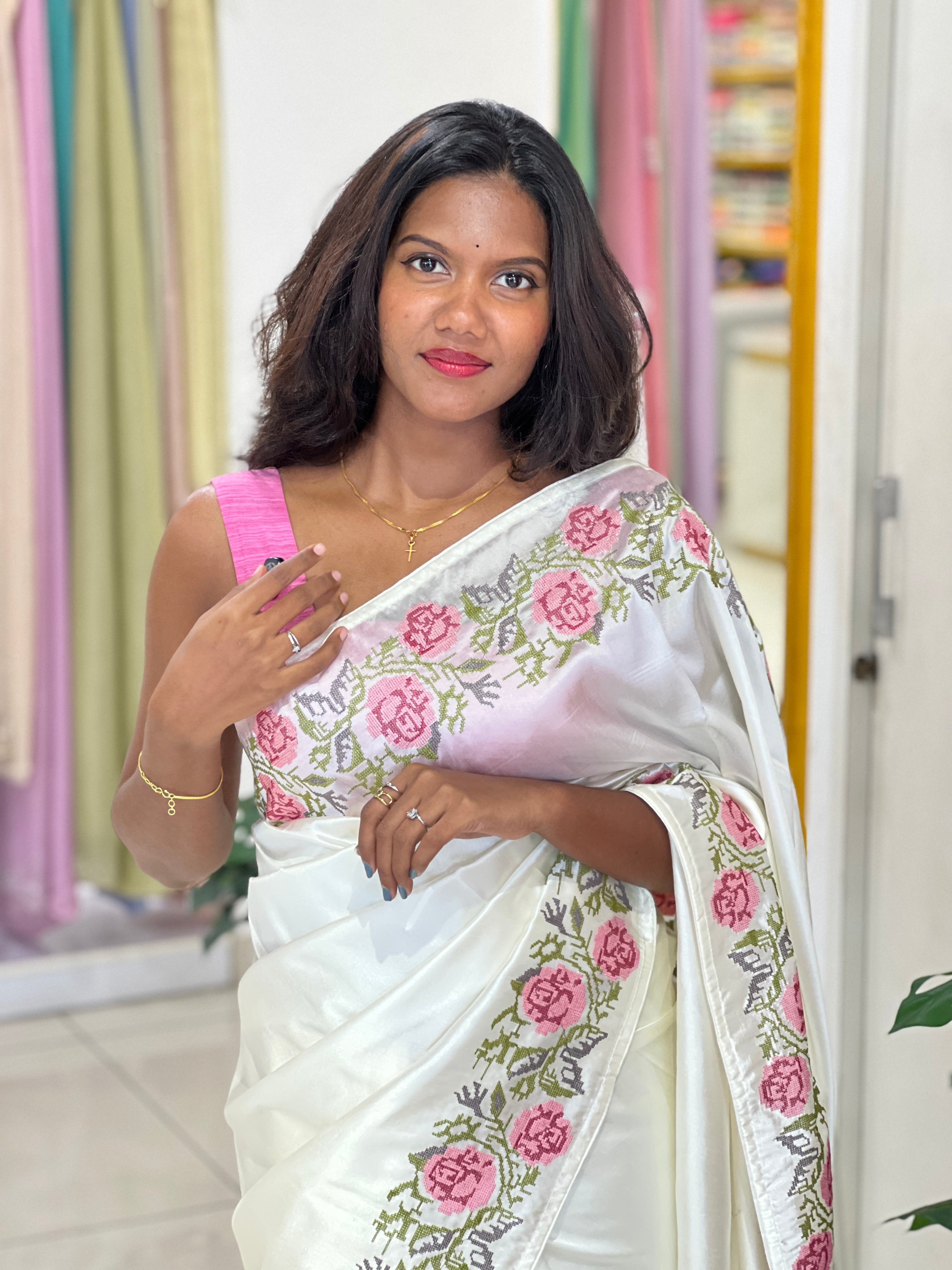 Embroidery Stitched Semi Tussar Saree |SUN781