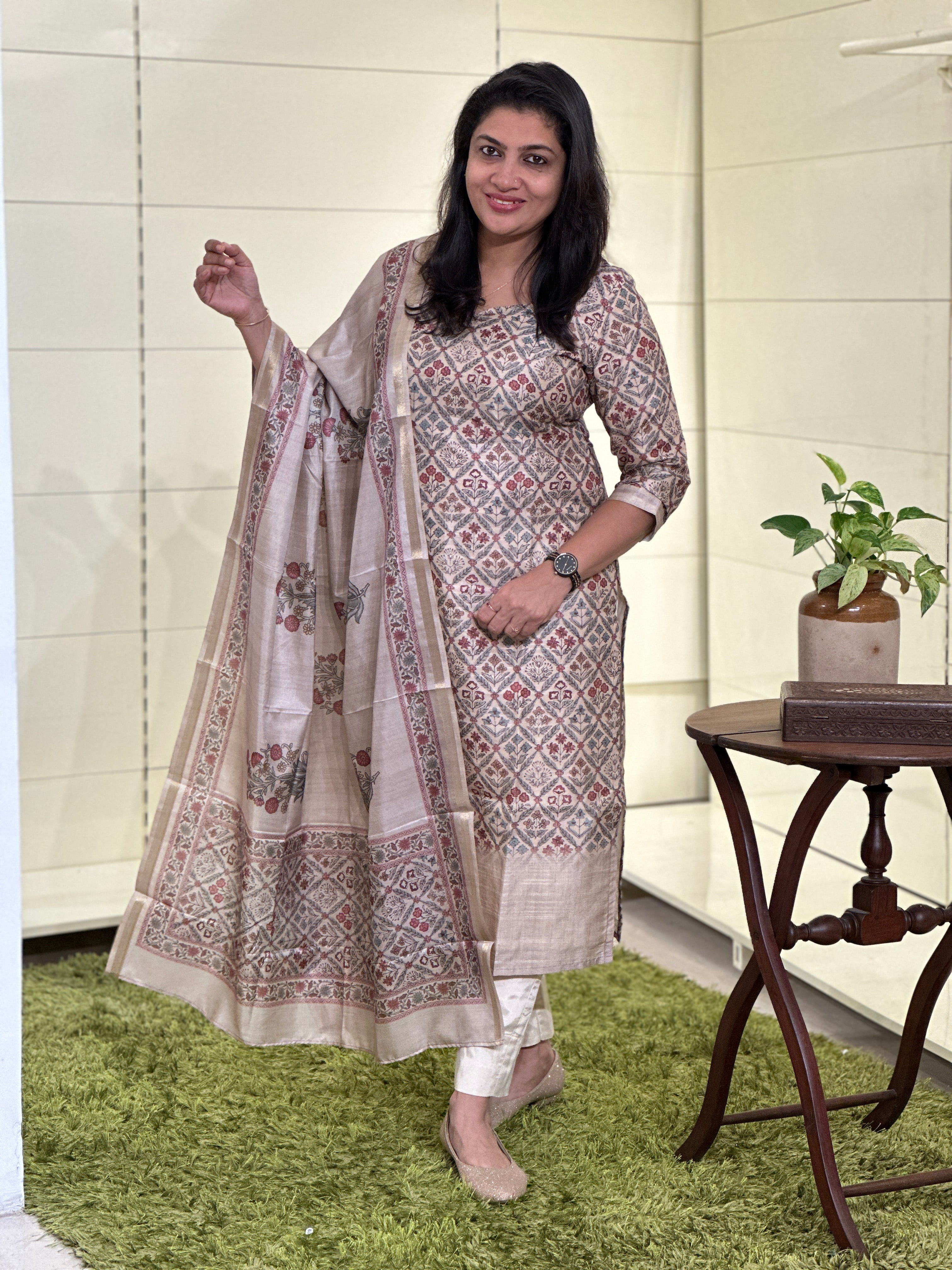 Floral Printed Semi Tussar Salwar Set (Without Bottom) | SSN429