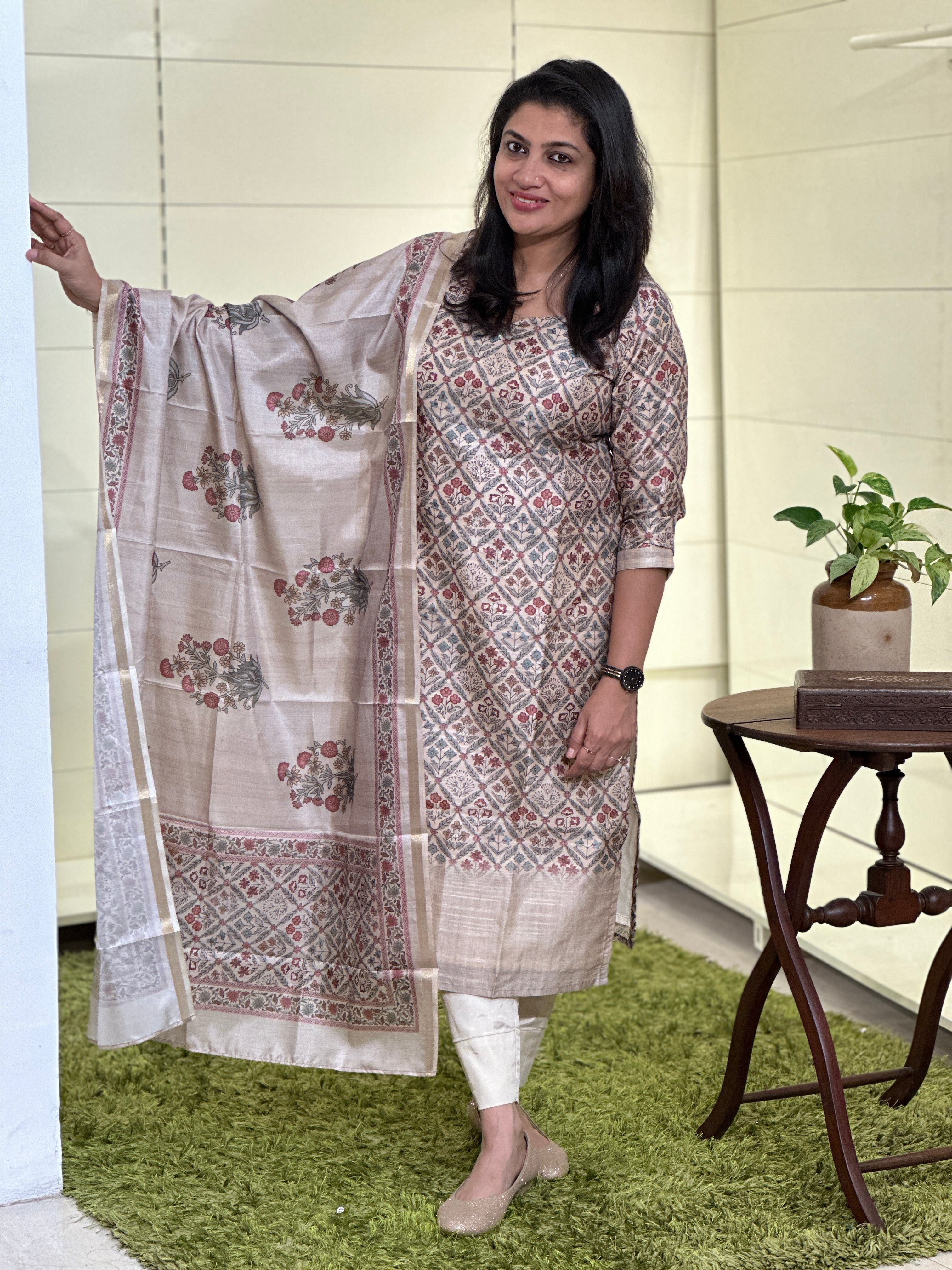 Floral Printed Semi Tussar Salwar Set (Without Bottom) | SSN429