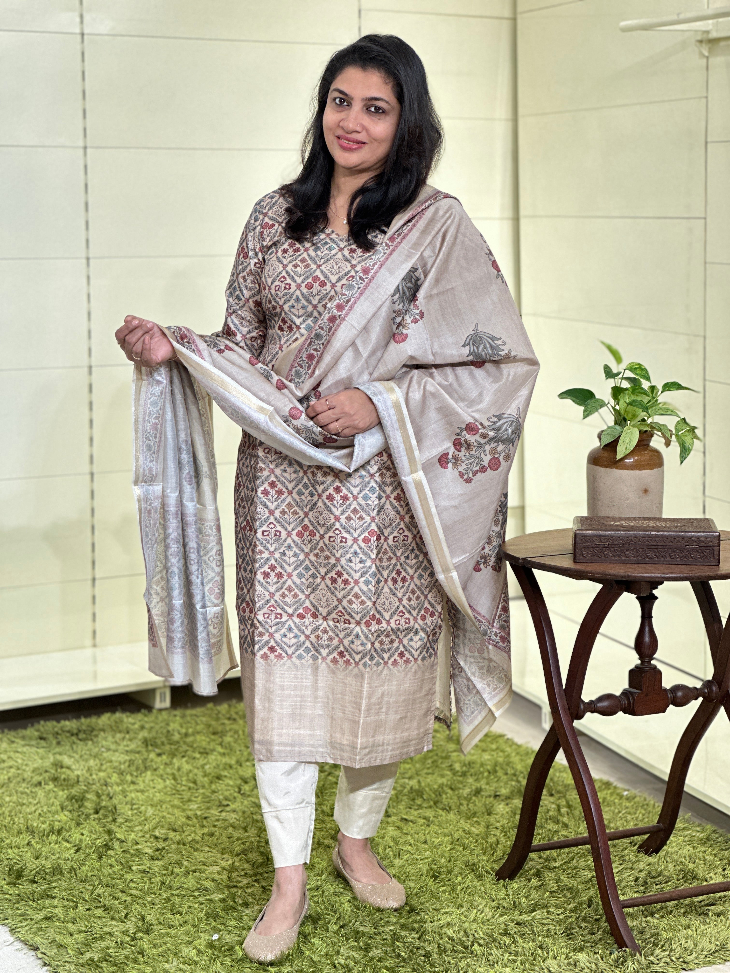 Floral Printed Semi Tussar Salwar Set (Without Bottom) | SSN429