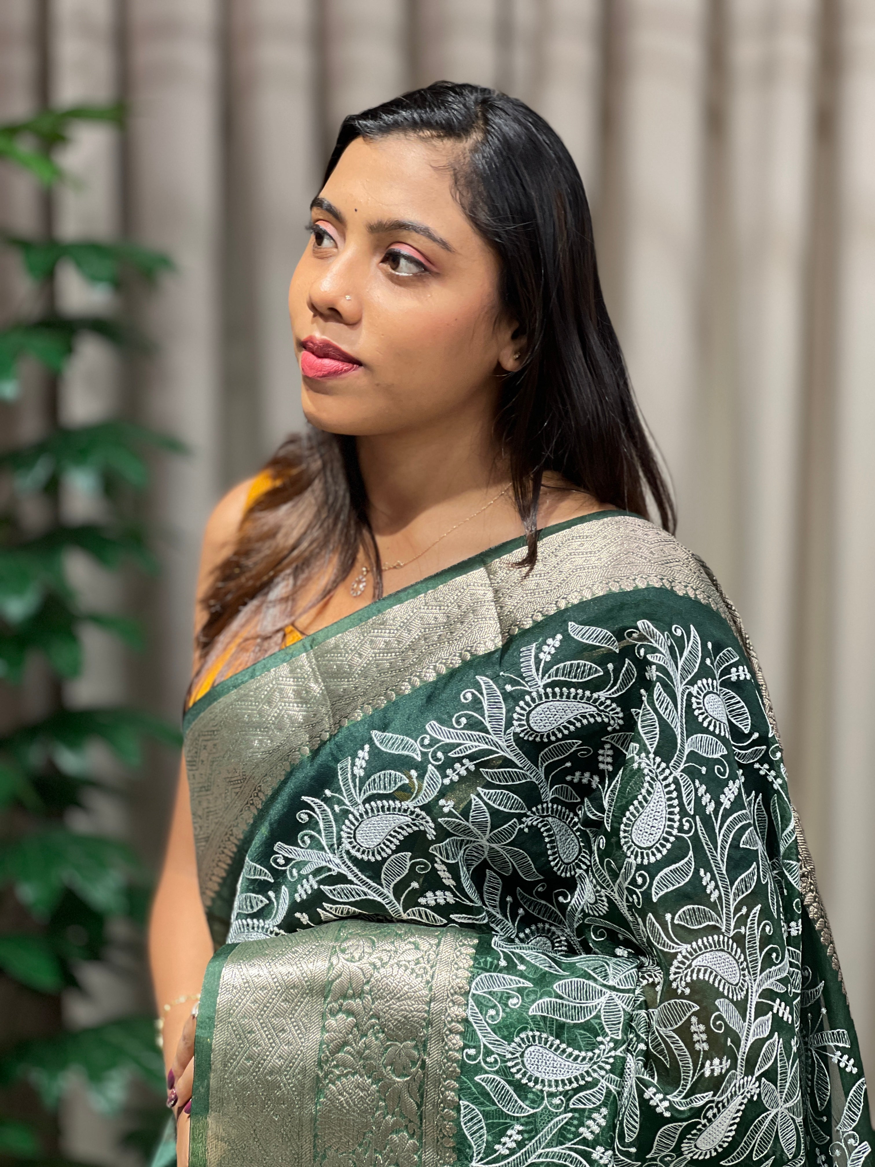 Dark Green Color Semi Organza Saree | AL151