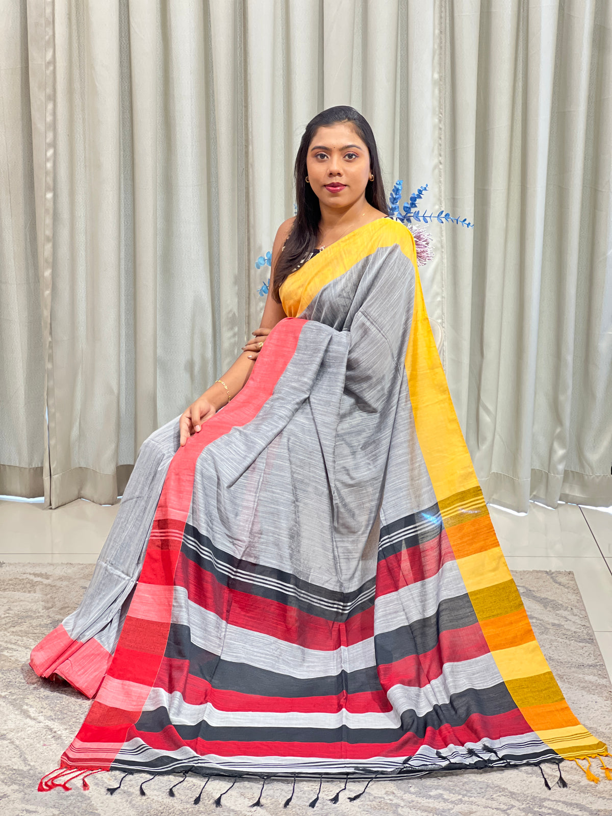 Contrast Border Patterned Cotton Saree | AHD1983