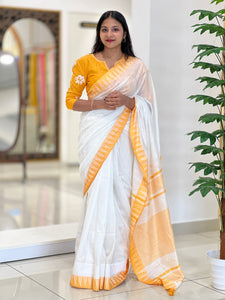 Temple Border Detailed Bhagalpuri Linen Saree | NHH247