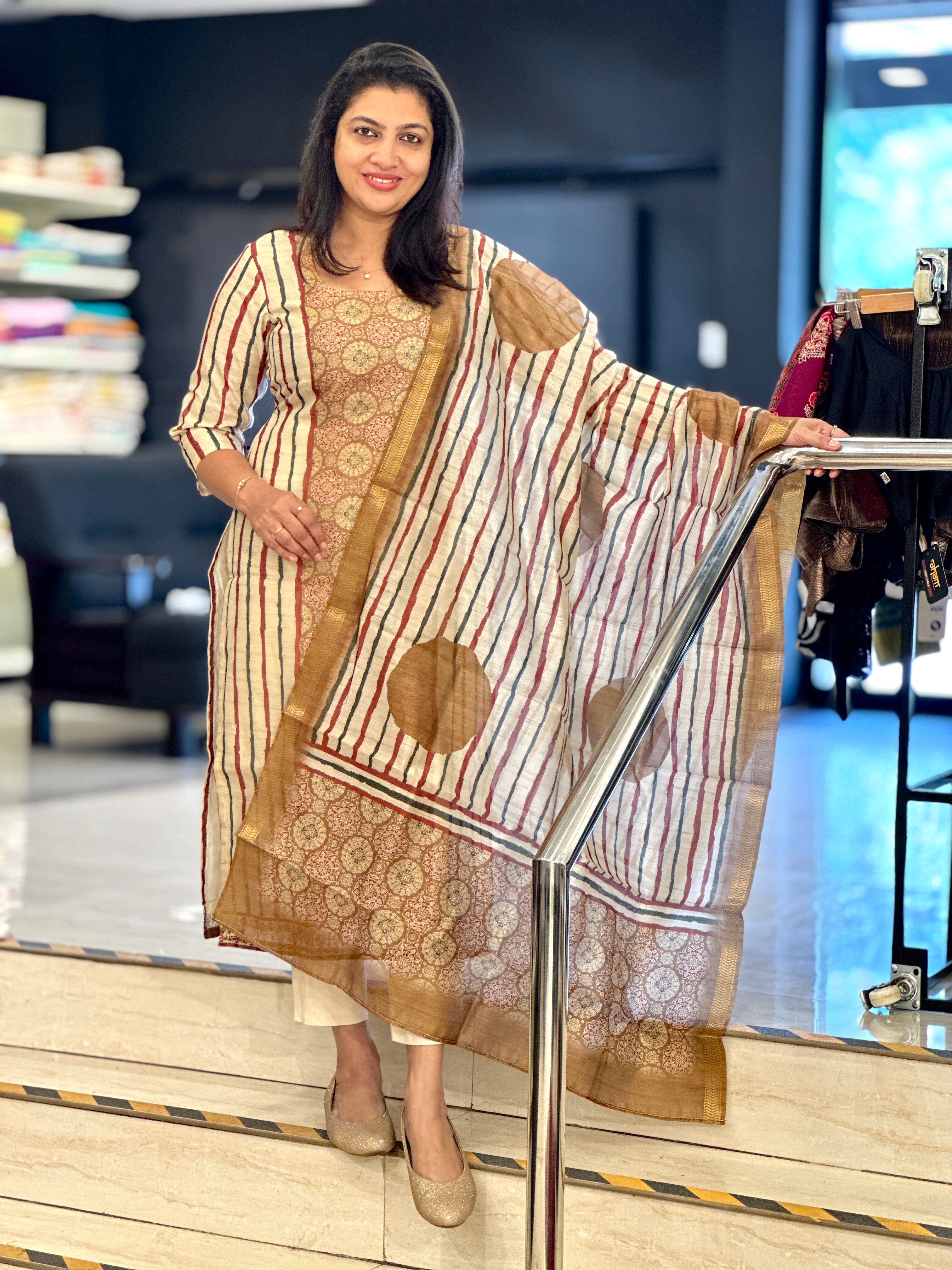 Stripe Printed Semi Tussar Salwar Set (Without Bottom) | SSN423