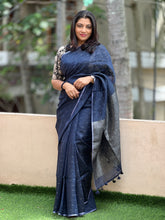 Line Weaving Pattern & Silver Zari Border Linen Saree | DLS201