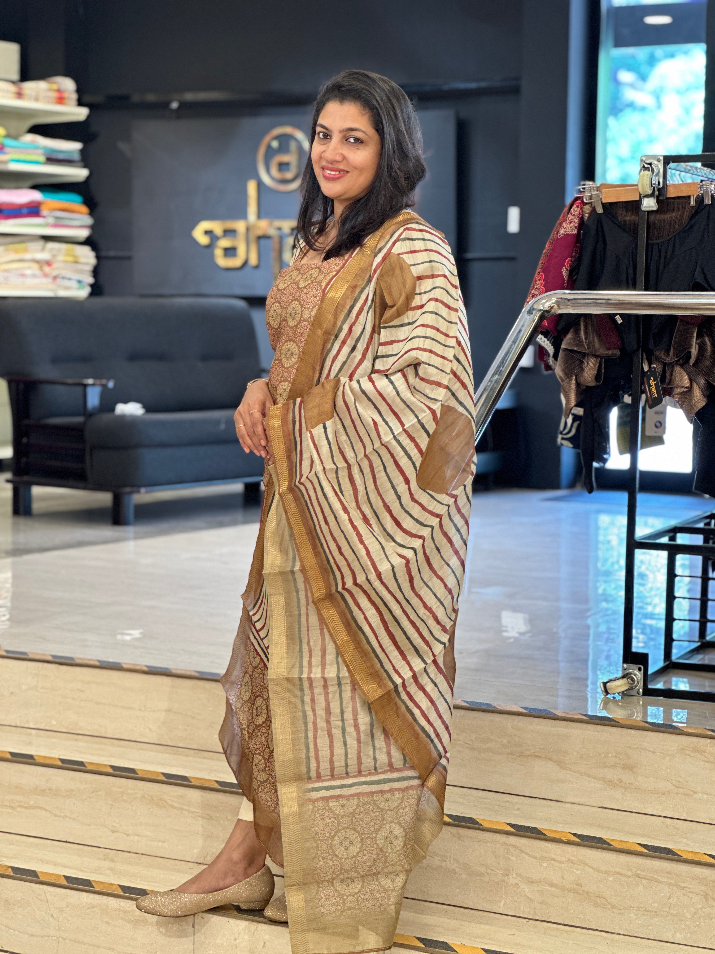 Stripe Printed Semi Tussar Salwar Set (Without Bottom) | SSN423