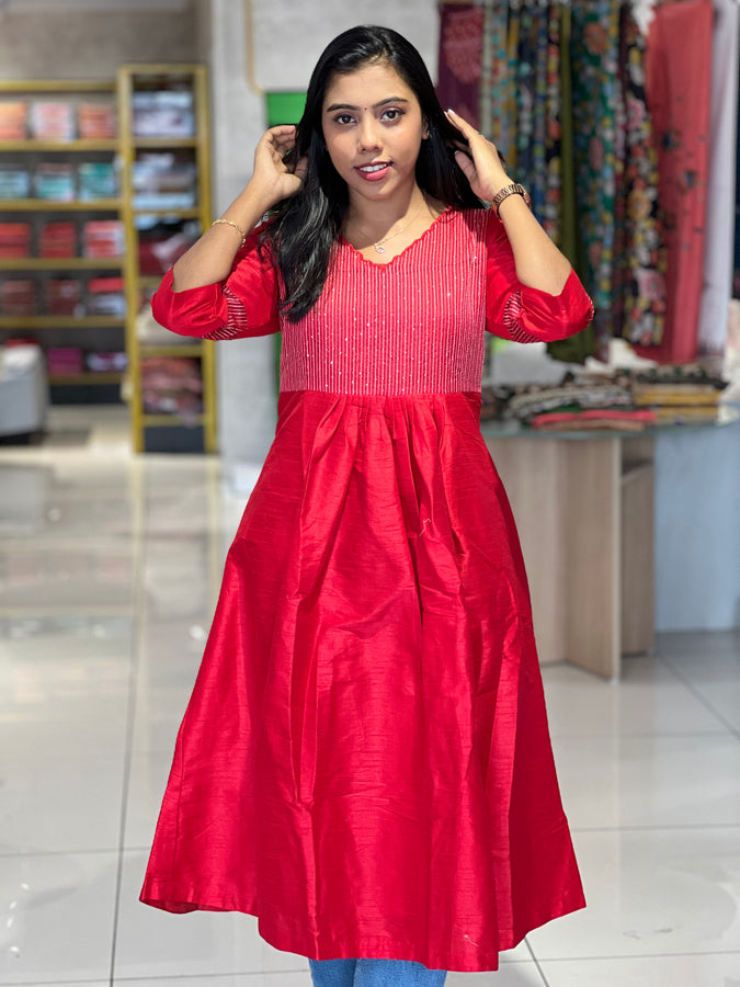 Machine Embroidered Semi Silk A-Line Kurta | DNT312