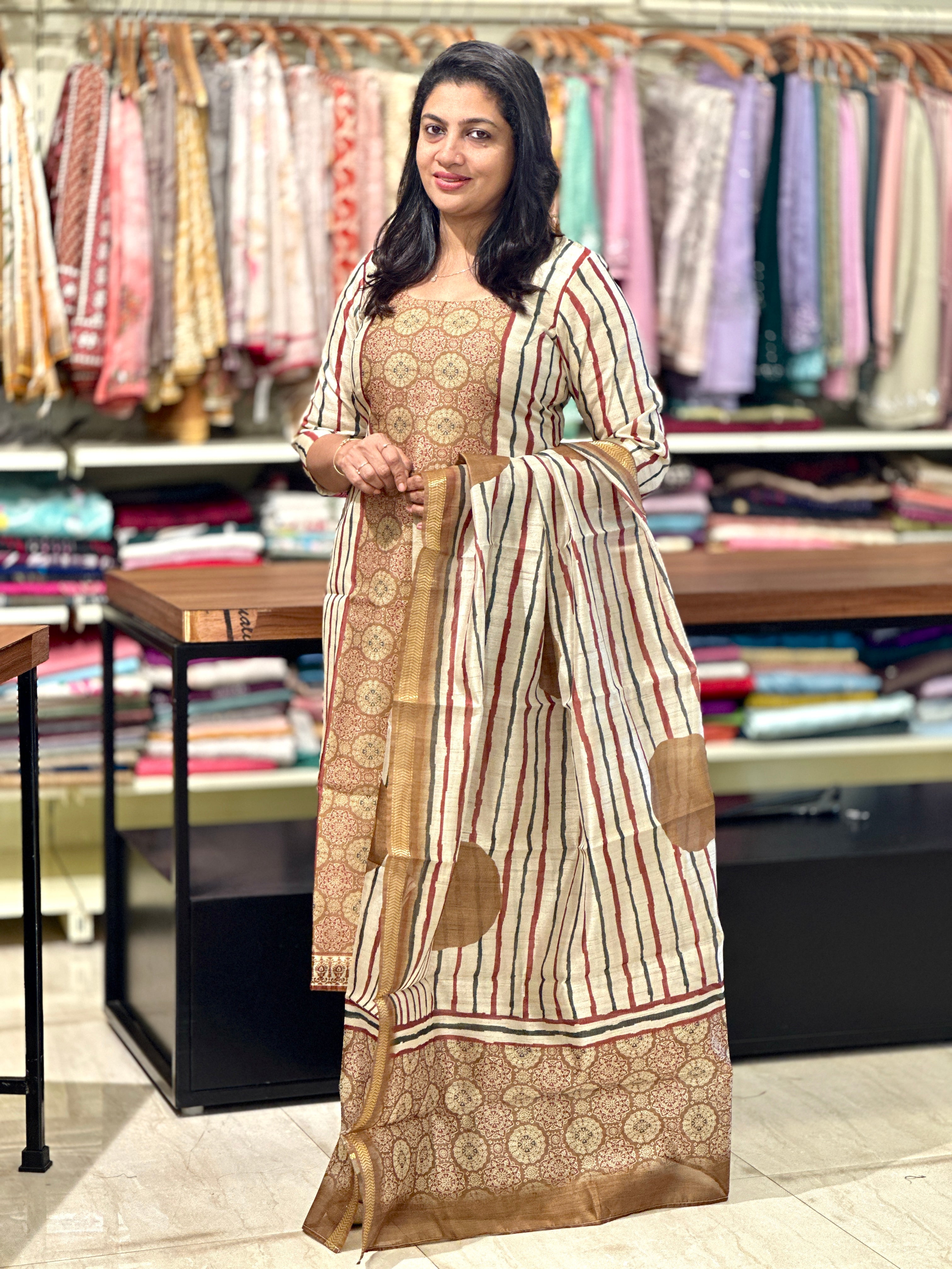 Stripe Printed Semi Tussar Salwar Set (Without Bottom) | SSN423