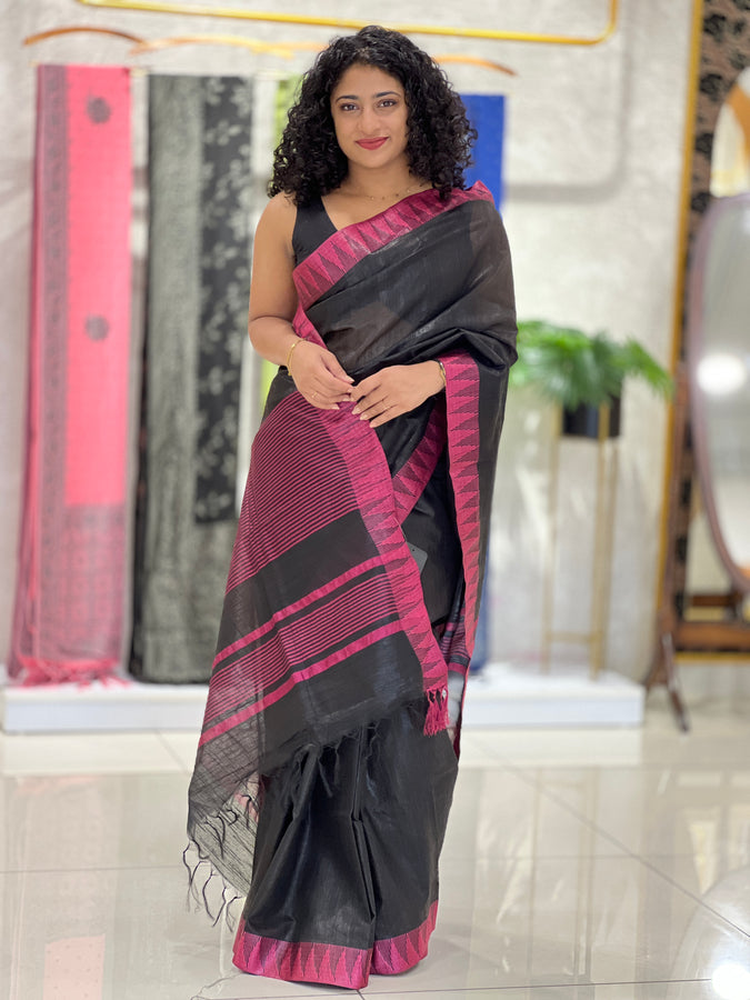 Temple Border Detailed Bhagalpuri Linen Saree | NHH340