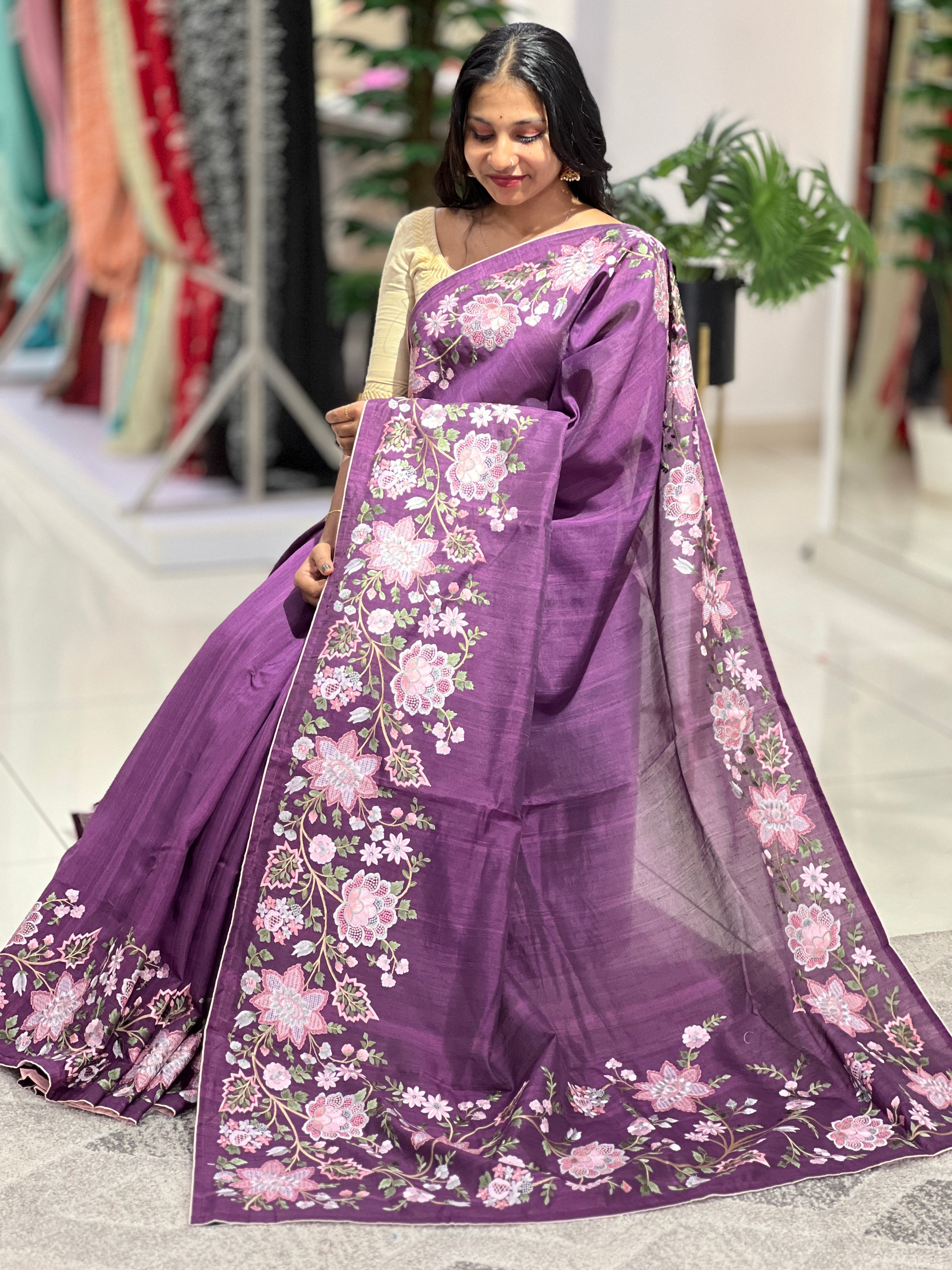 Floral Embroidery Detailed Tussar Finish Saree | SUN137