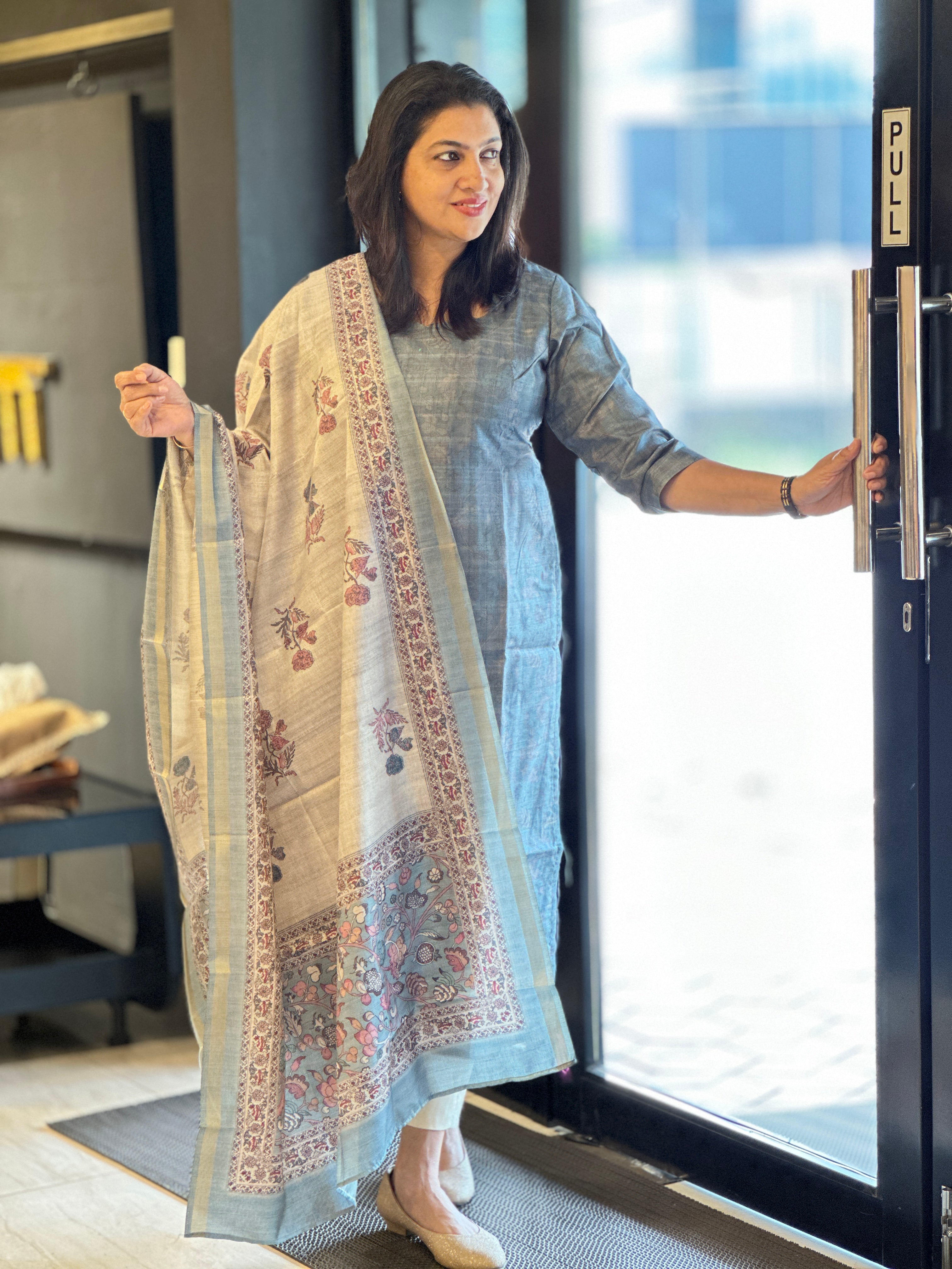 Kalamkari Inspired Printed Semi Tussar Salwar Set (Without Bottom) | SSN428