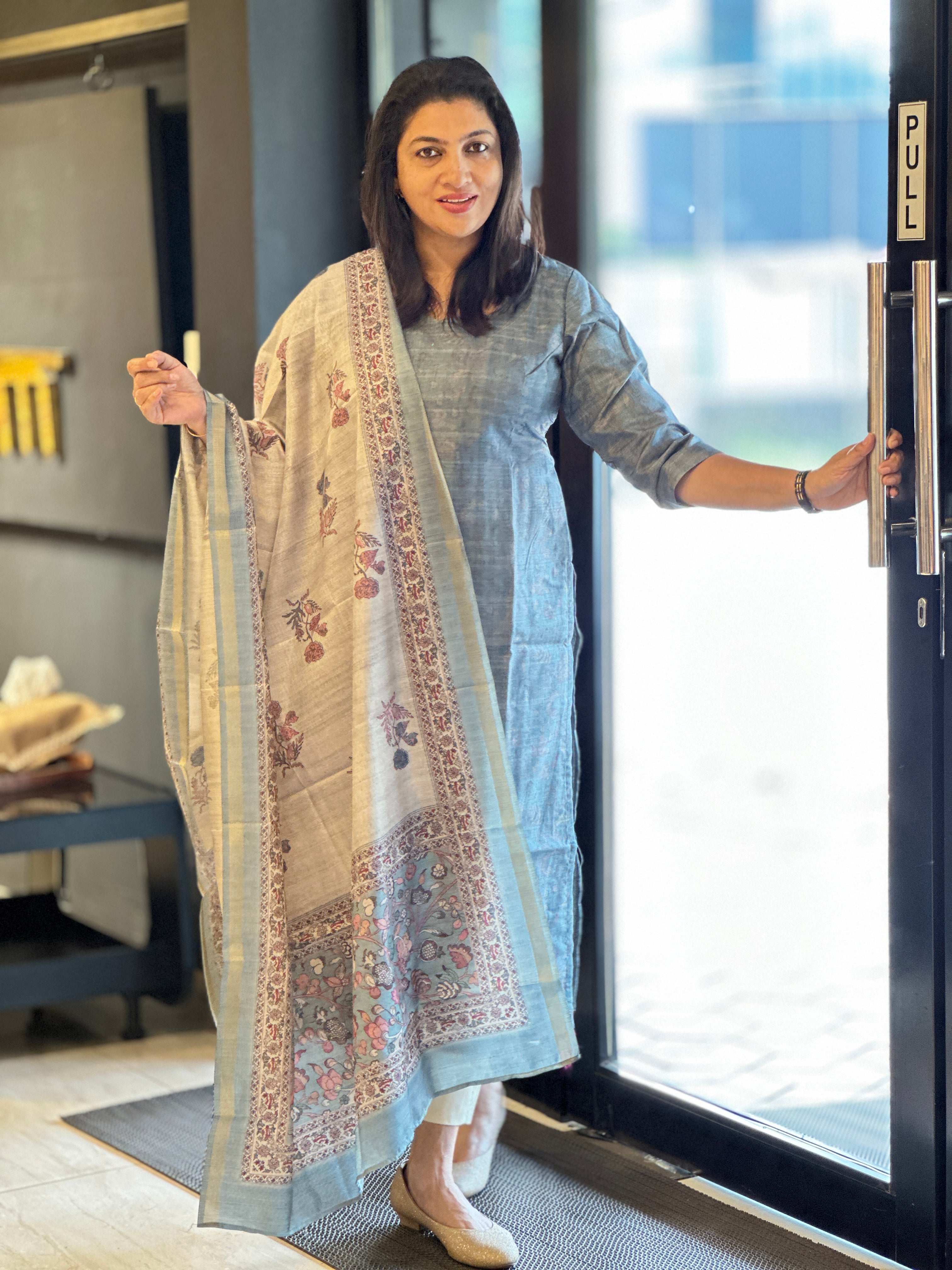 Kalamkari Inspired Printed Semi Tussar Salwar Set (Without Bottom) | SSN428