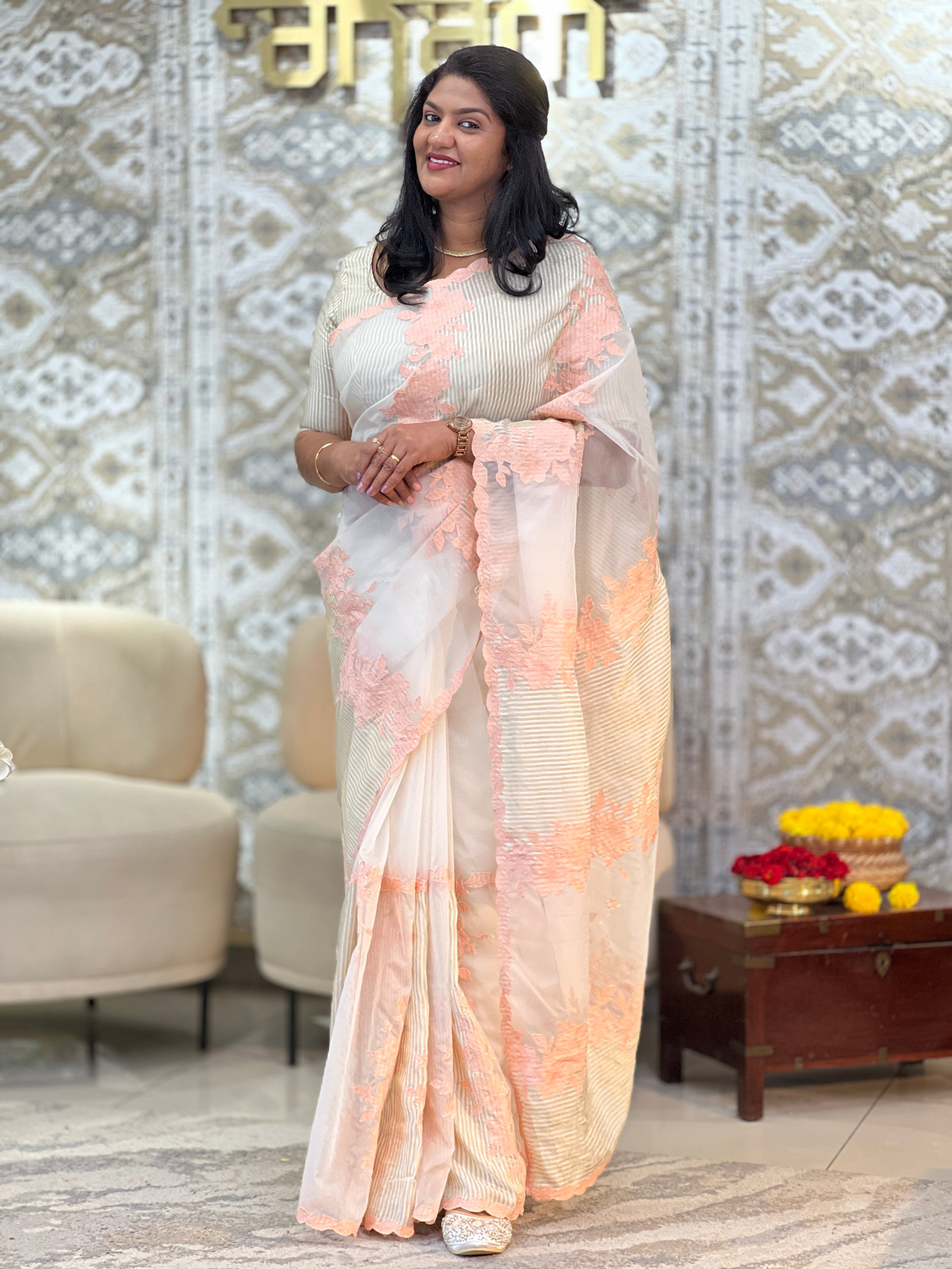 Floral Applique Design Viscose Organza Saree | MM621