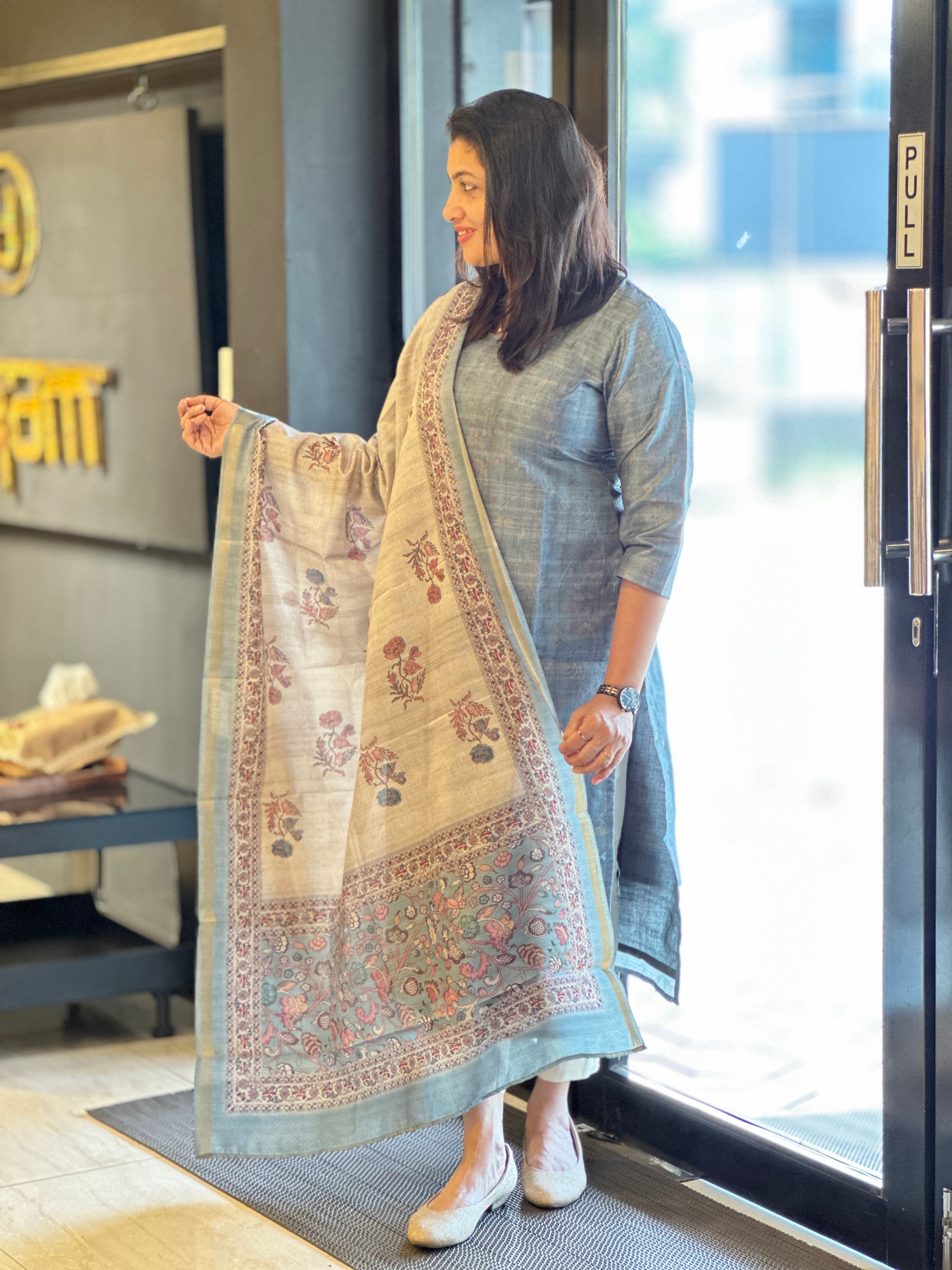 Kalamkari Inspired Printed Semi Tussar Salwar Set (Without Bottom) | SSN428