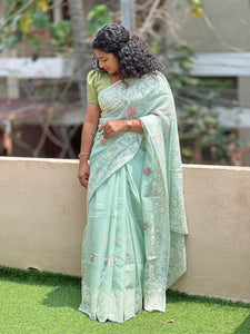 Floral Machine Embroidery Pattern Check Kota Saree | RUS105