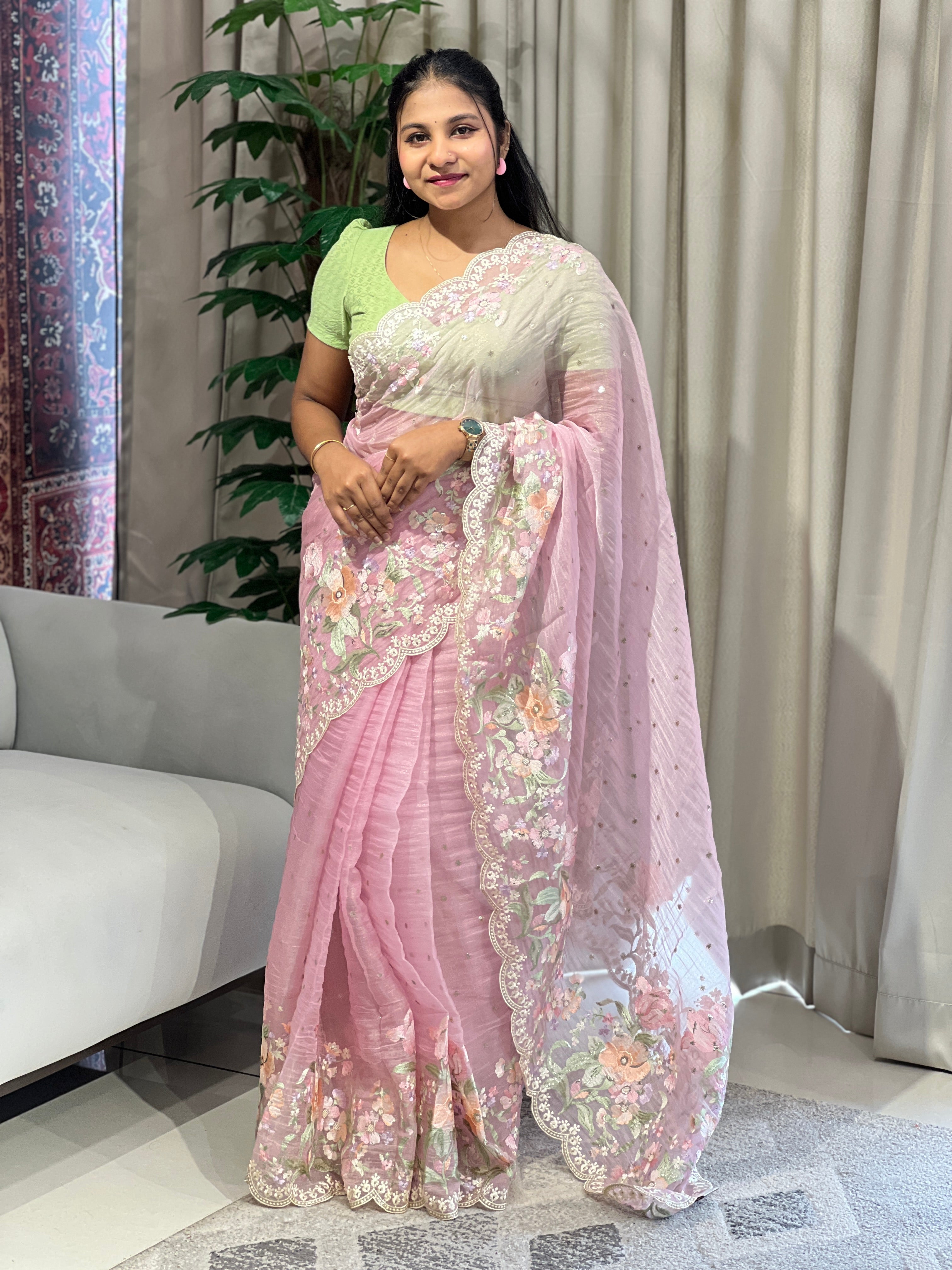 Multicolour Floral Machine Embroidery Detailed Crushed Viscose Organza Saree | BLD1686