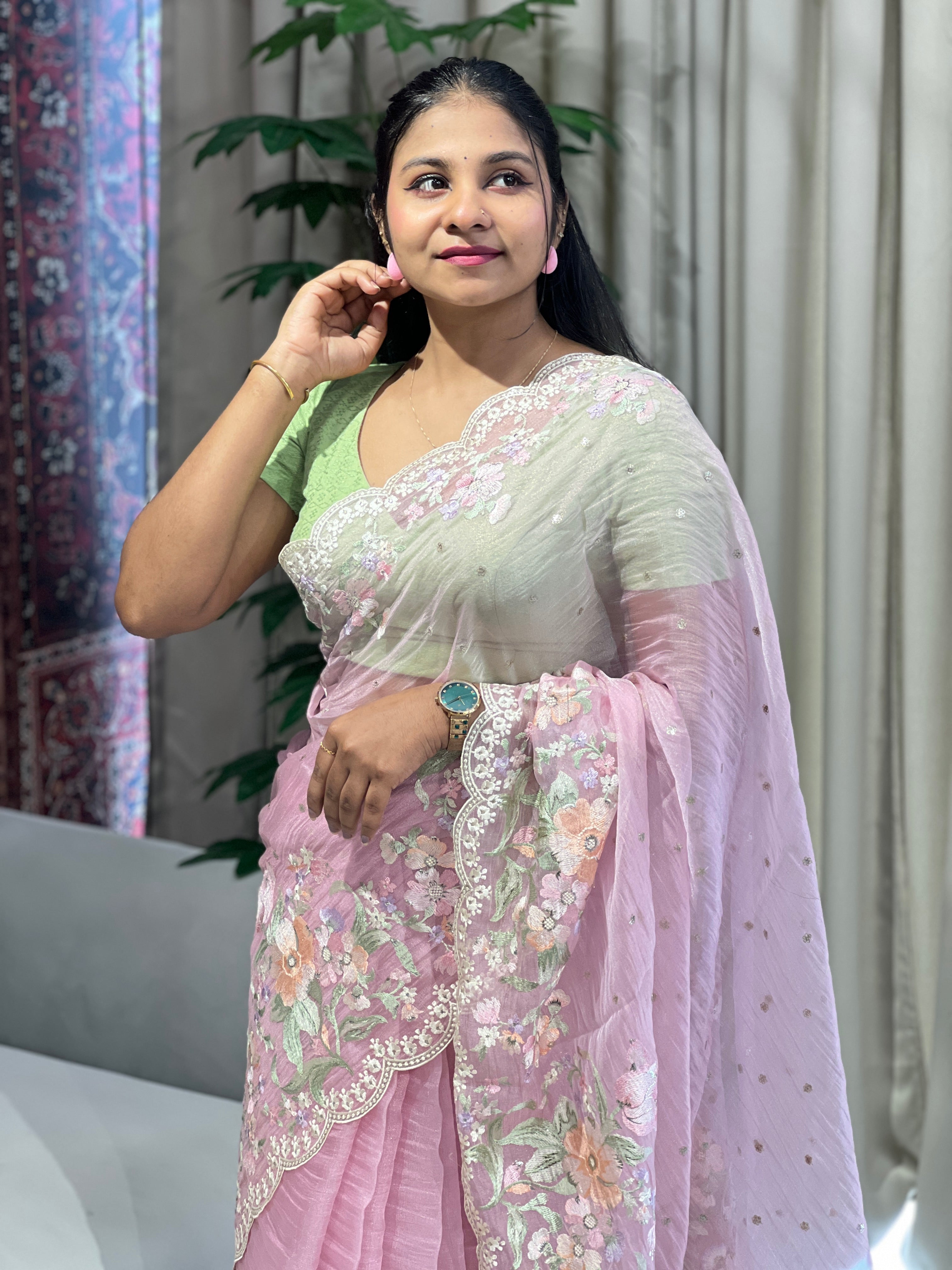 Multicolour Floral Machine Embroidery Detailed Crushed Viscose Organza Saree | BLD1686