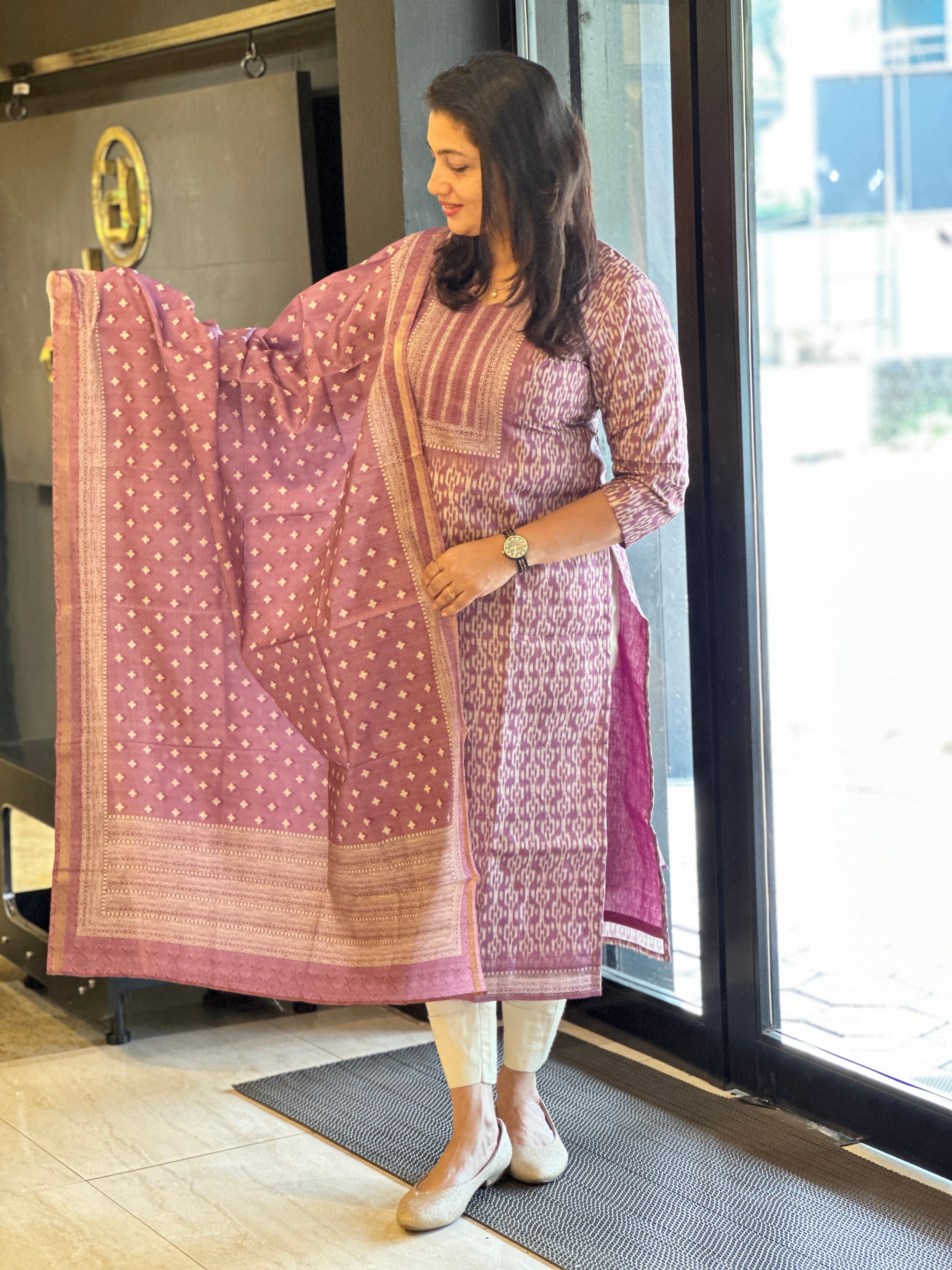 Ikat Inspired Printed Semi Tussar Salwar Set (Without Bottom) | SSN430