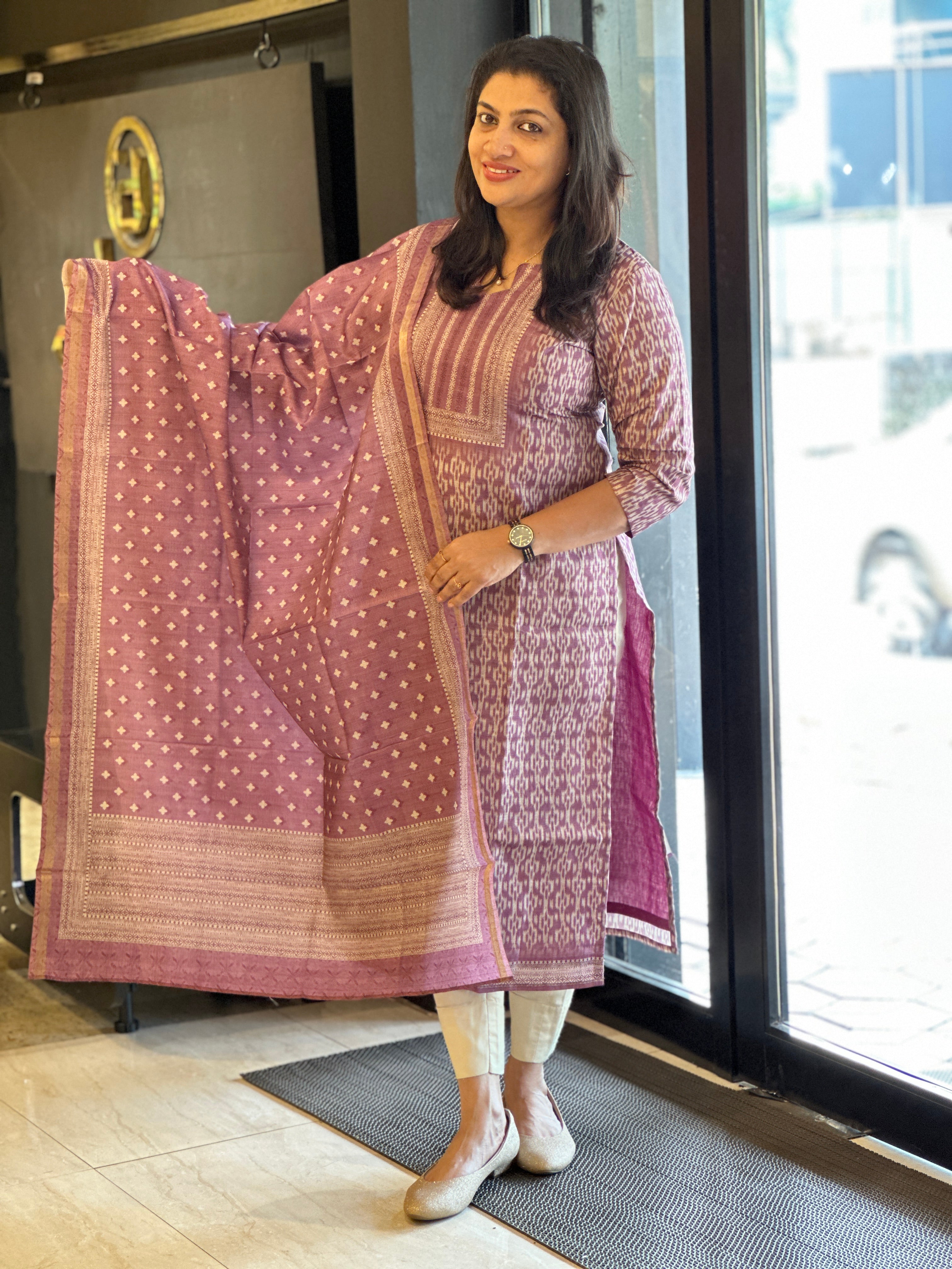 Ikat Inspired Printed Semi Tussar Salwar Set (Without Bottom) | SSN430