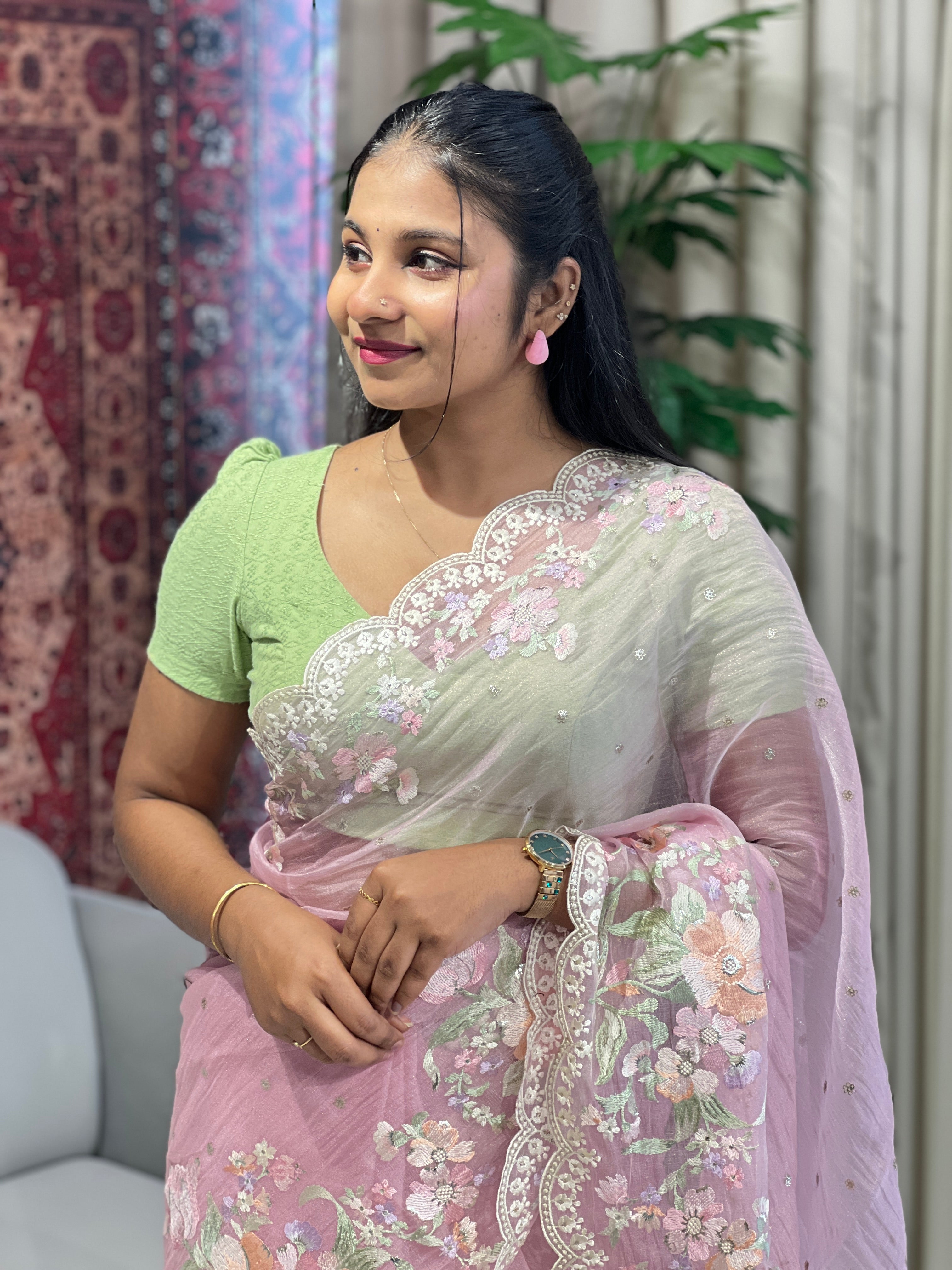 Multicolour Floral Machine Embroidery Detailed Crushed Viscose Organza Saree | BLD1686