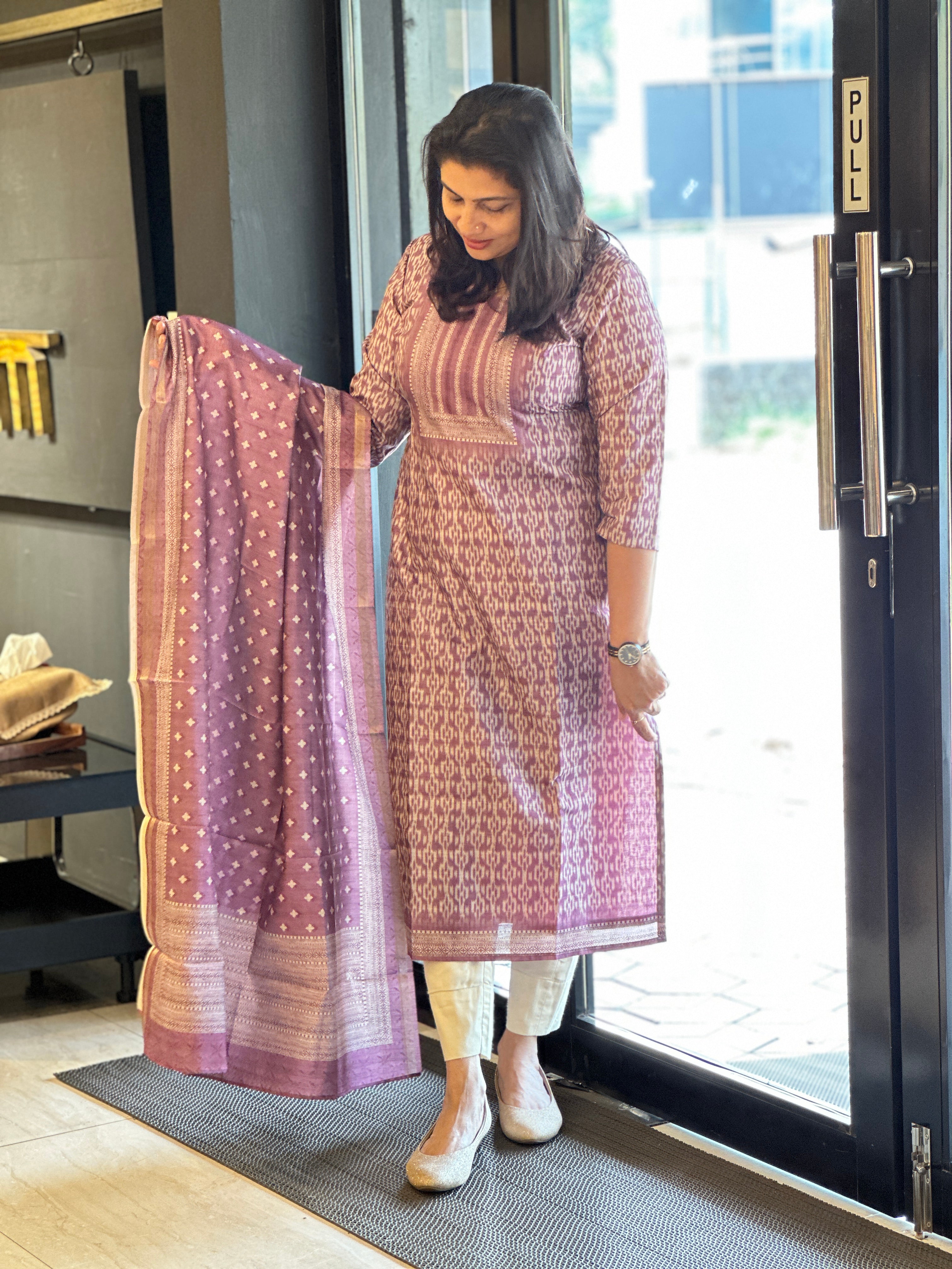 Ikat Inspired Printed Semi Tussar Salwar Set (Without Bottom) | SSN430