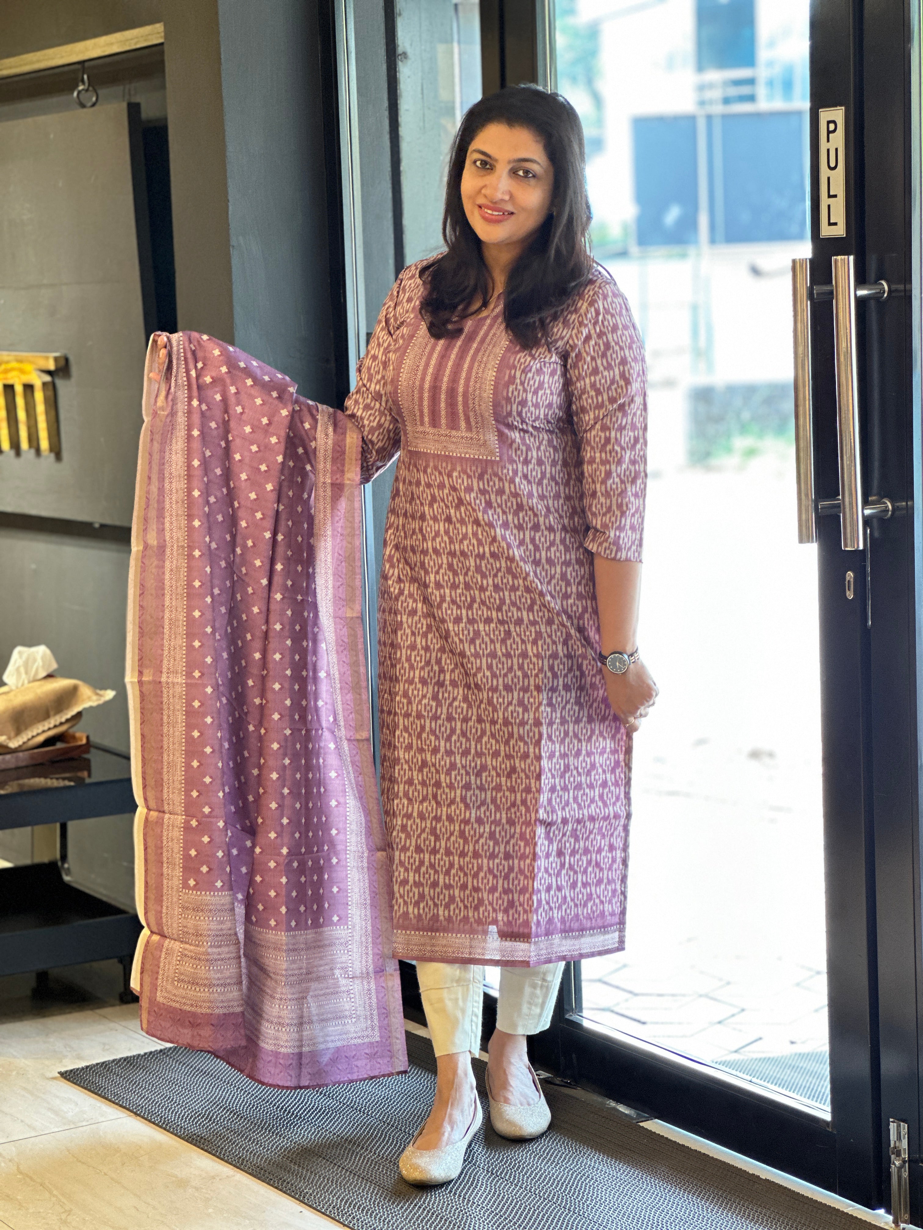 Ikat Inspired Printed Semi Tussar Salwar Set (Without Bottom) | SSN430