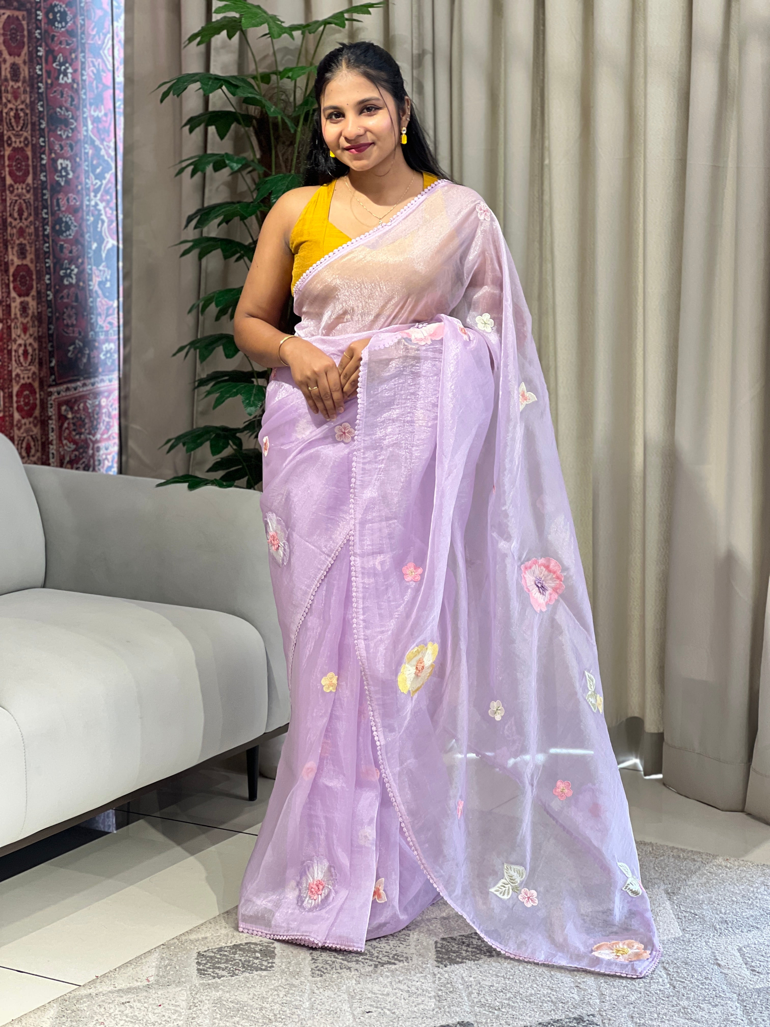Floral Embroidery Detailed Shimmer Organza Saree | BLD1701