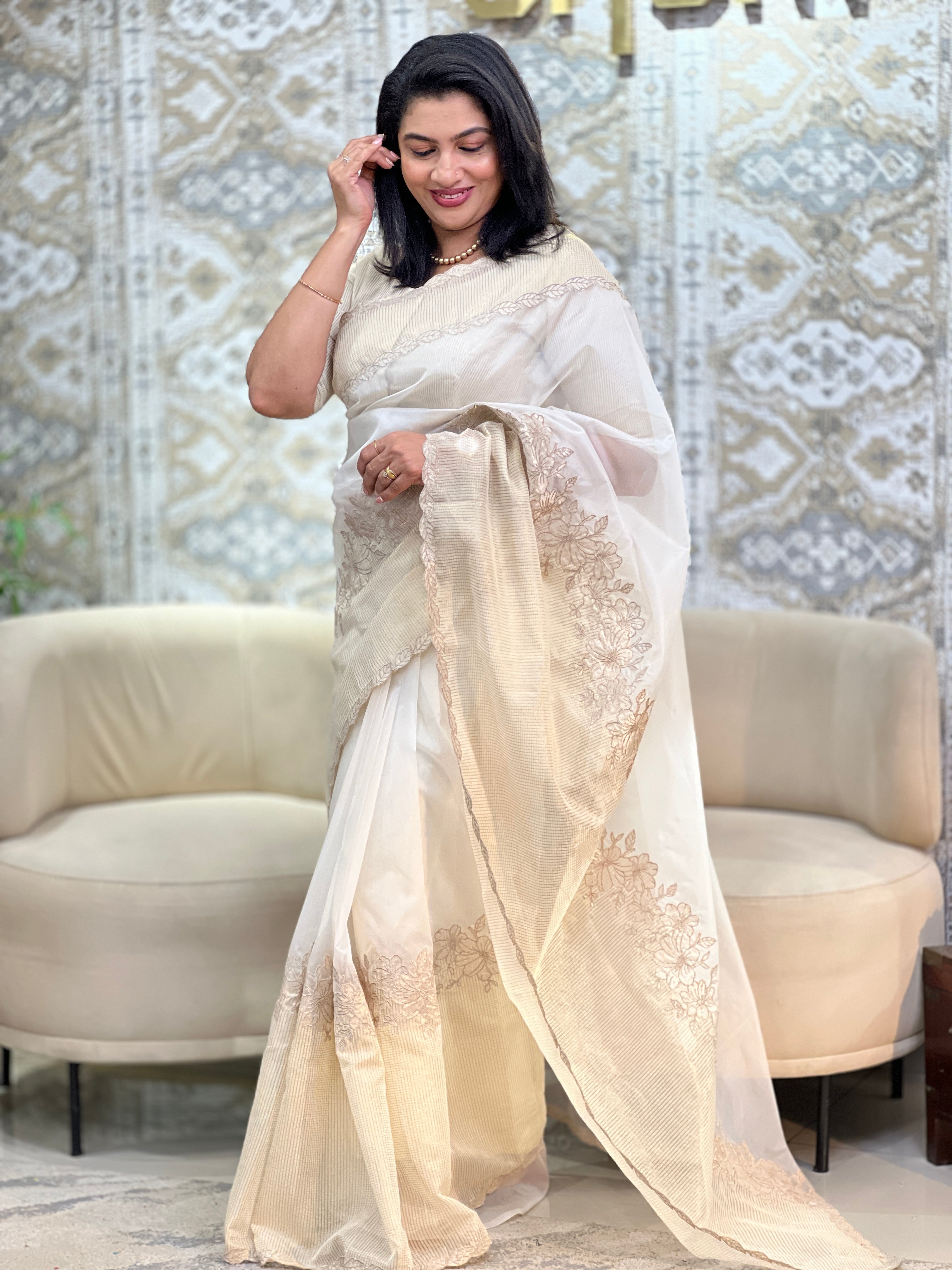 Leaf Applique Design Viscose Organza Saree | MM622
