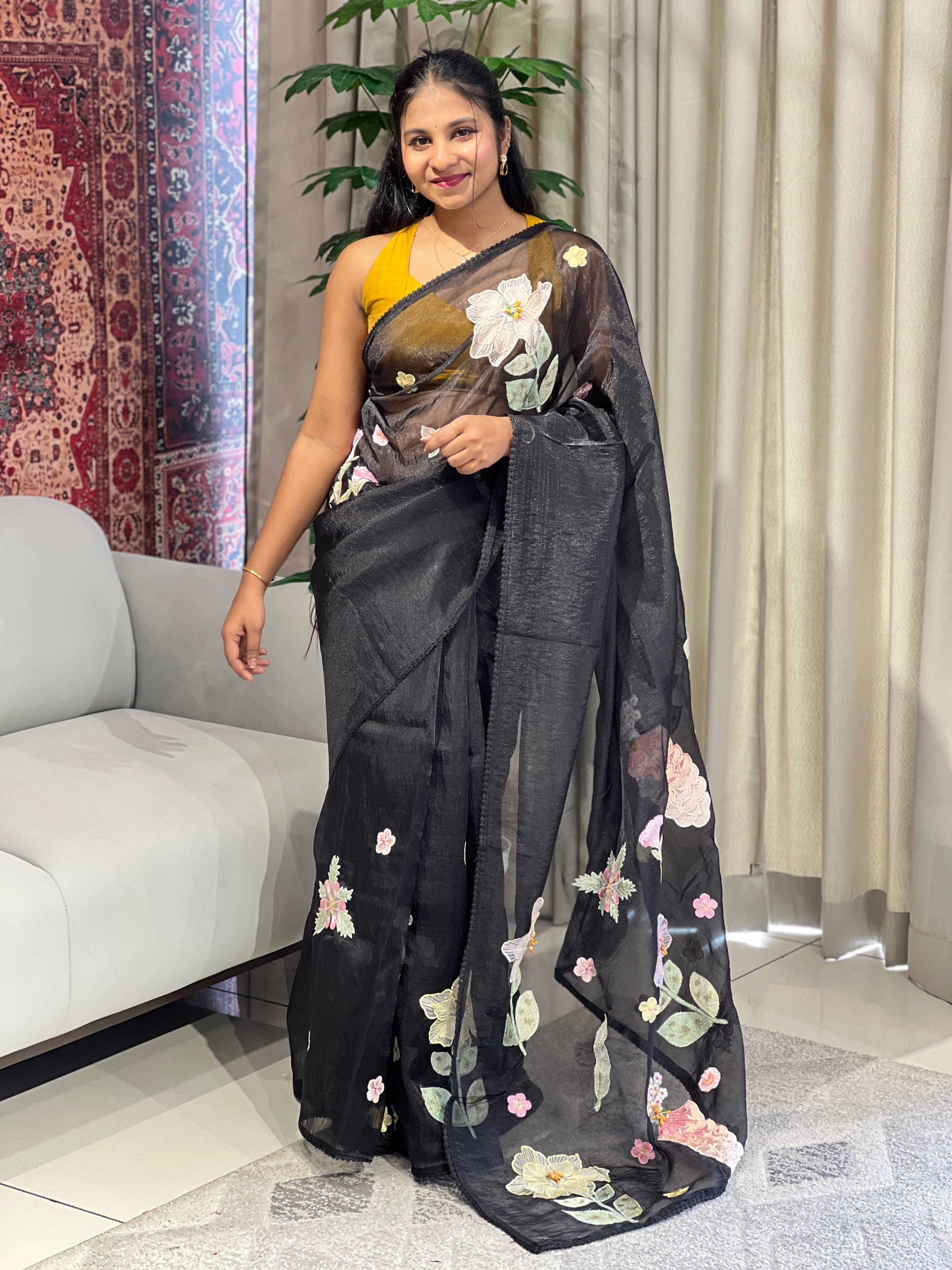 Floral Applique & Embroidery Detailed Shimmer Organza Saree | BLD1693