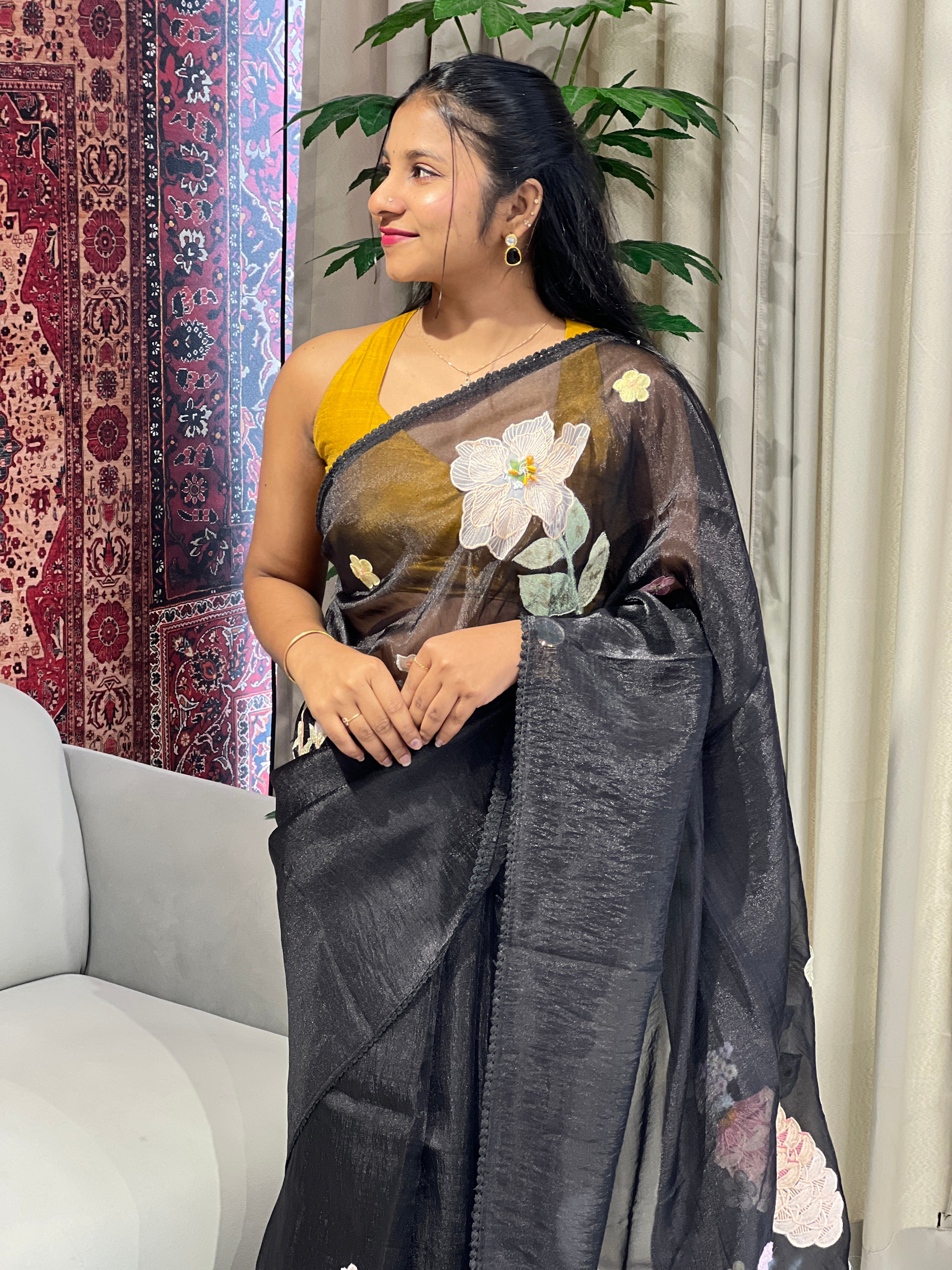 Floral Applique & Embroidery Detailed Shimmer Organza Saree | BLD1693