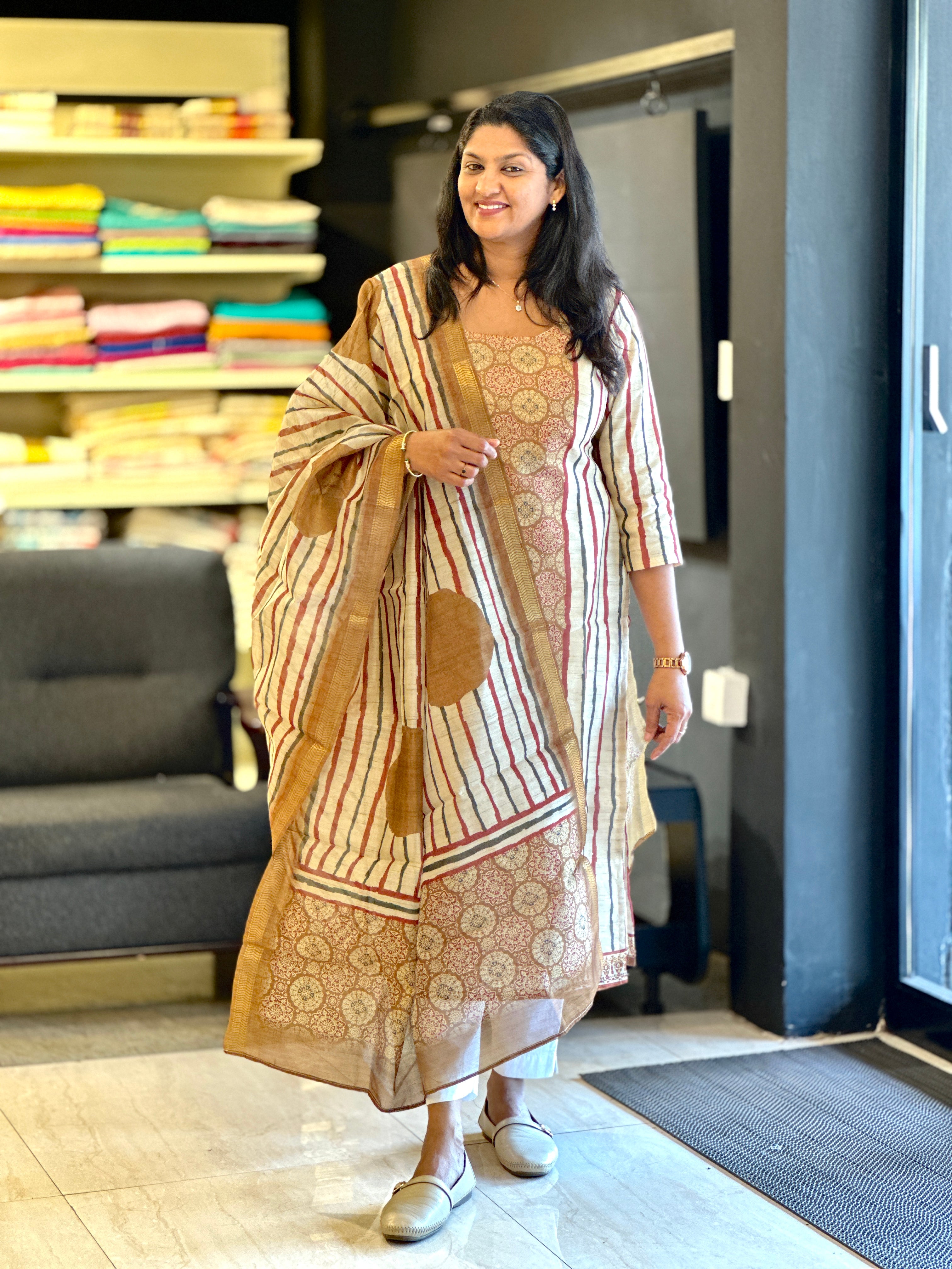 Stripe Printed Semi Tussar Salwar Set (Without Bottom) | SSN423