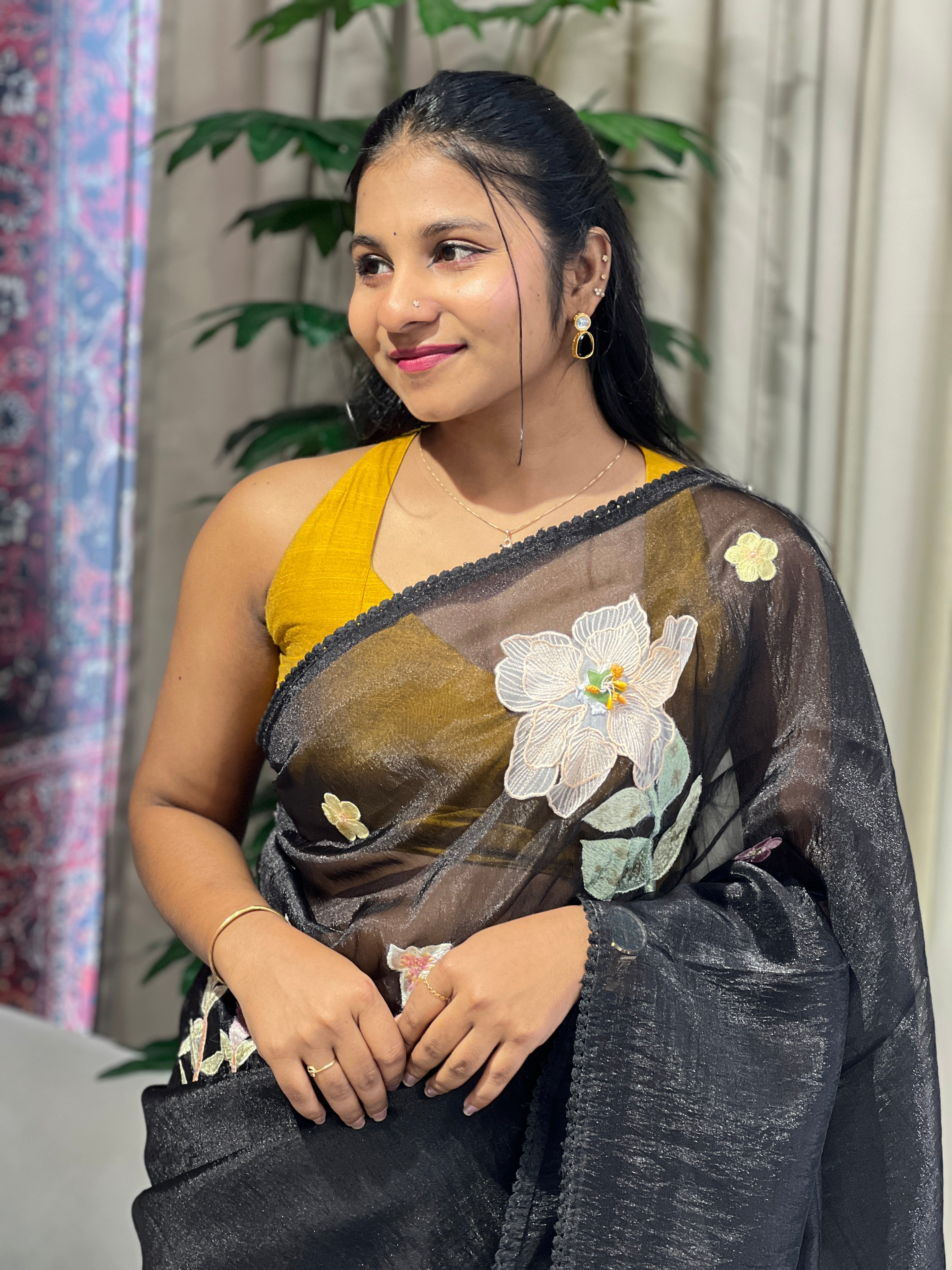 Floral Applique & Embroidery Detailed Shimmer Organza Saree | BLD1693