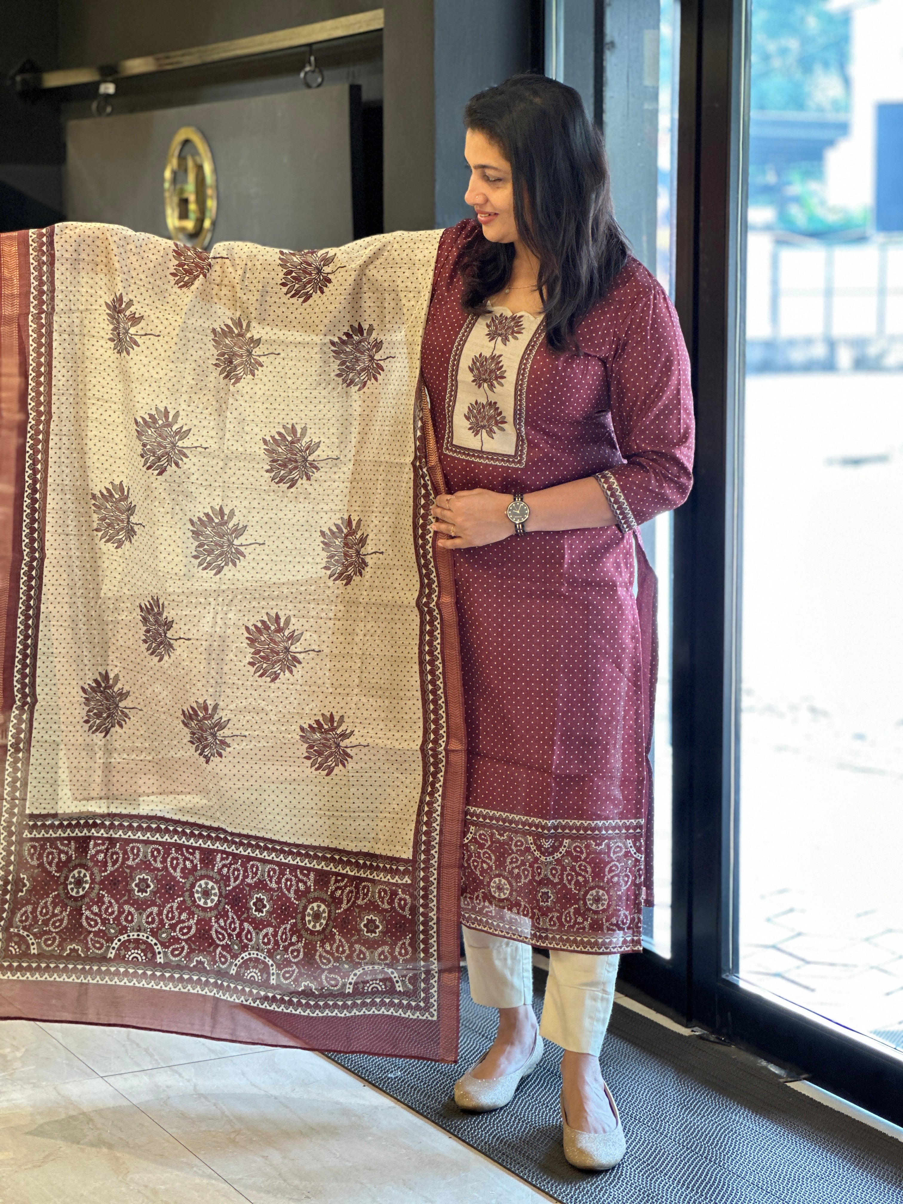 Floral Printed Semi Tussar Salwar Set (Without Bottom) | SSN422